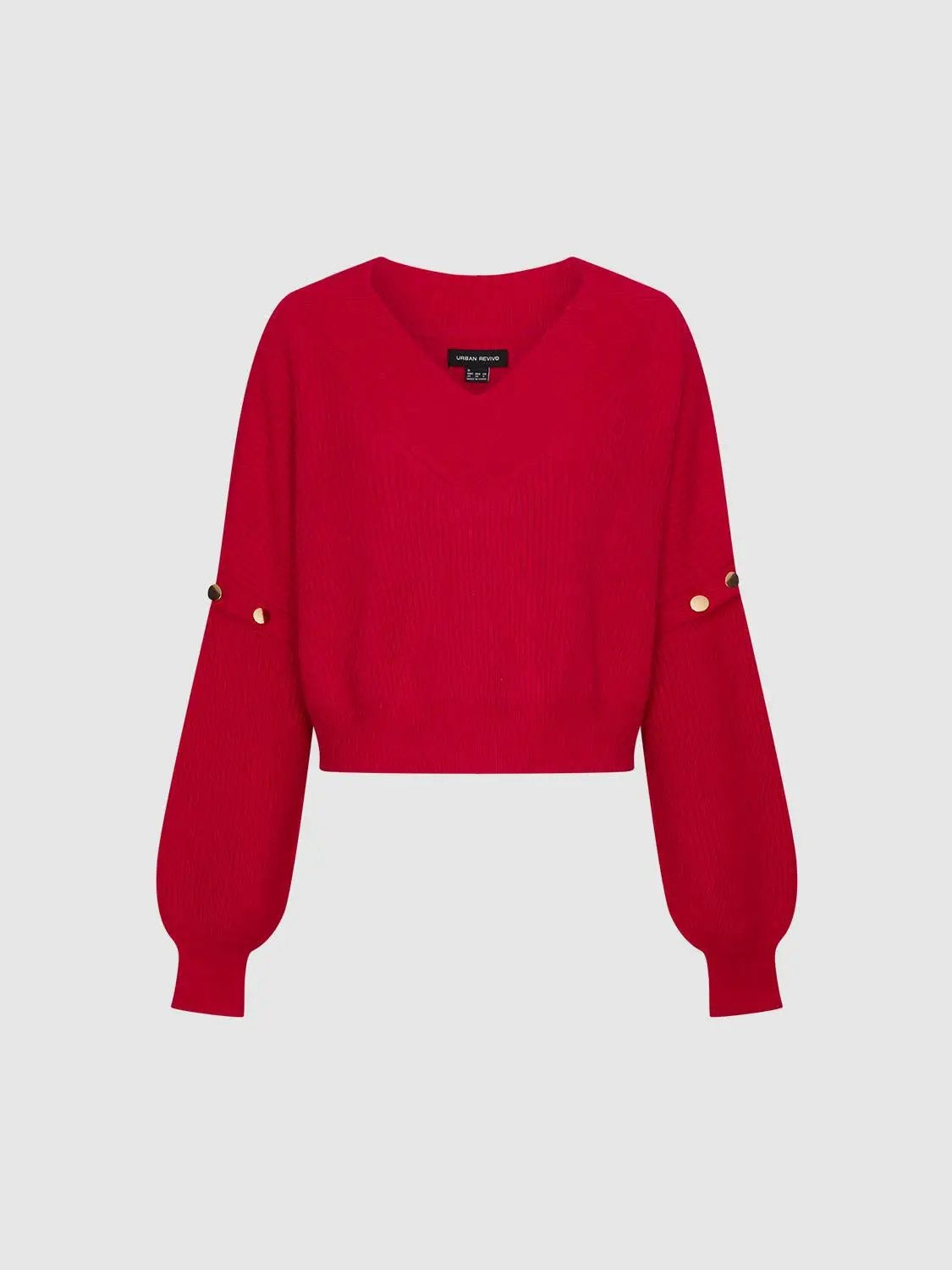 Red V-neck knitted top with long puff sleeves and gold button accents by Urban Revivo