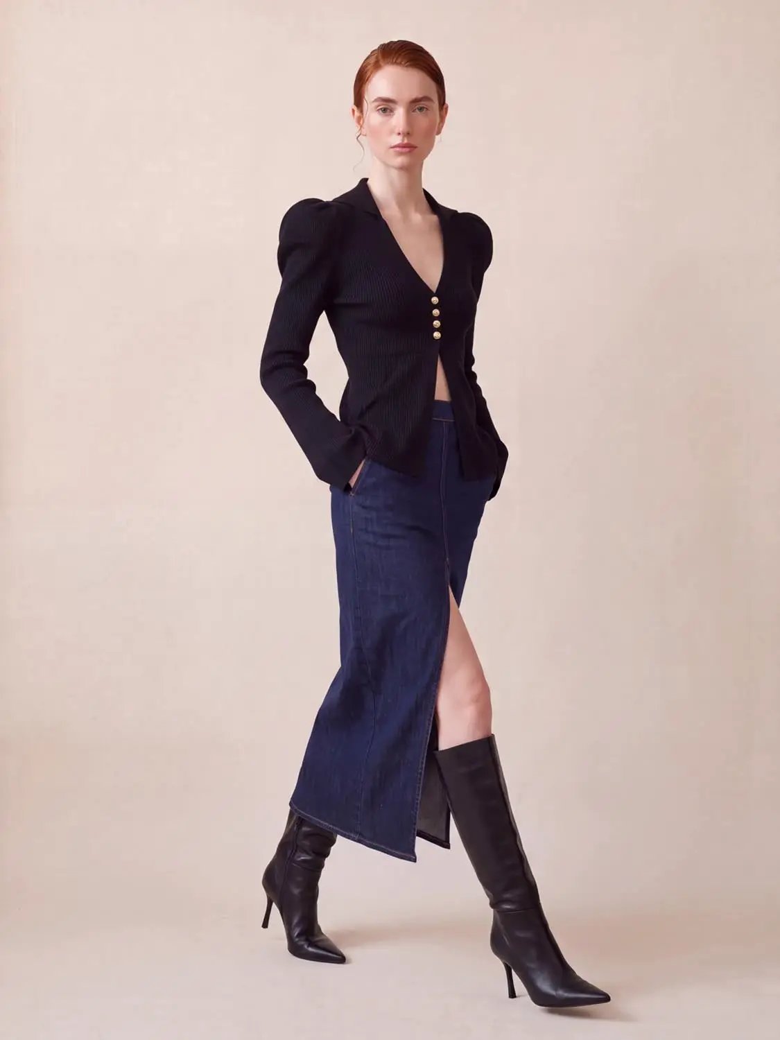 Puff Shoulder Tailored Knitted Cardigan, black ribbed knit with gold buttons, Urban Revivo Fashion
