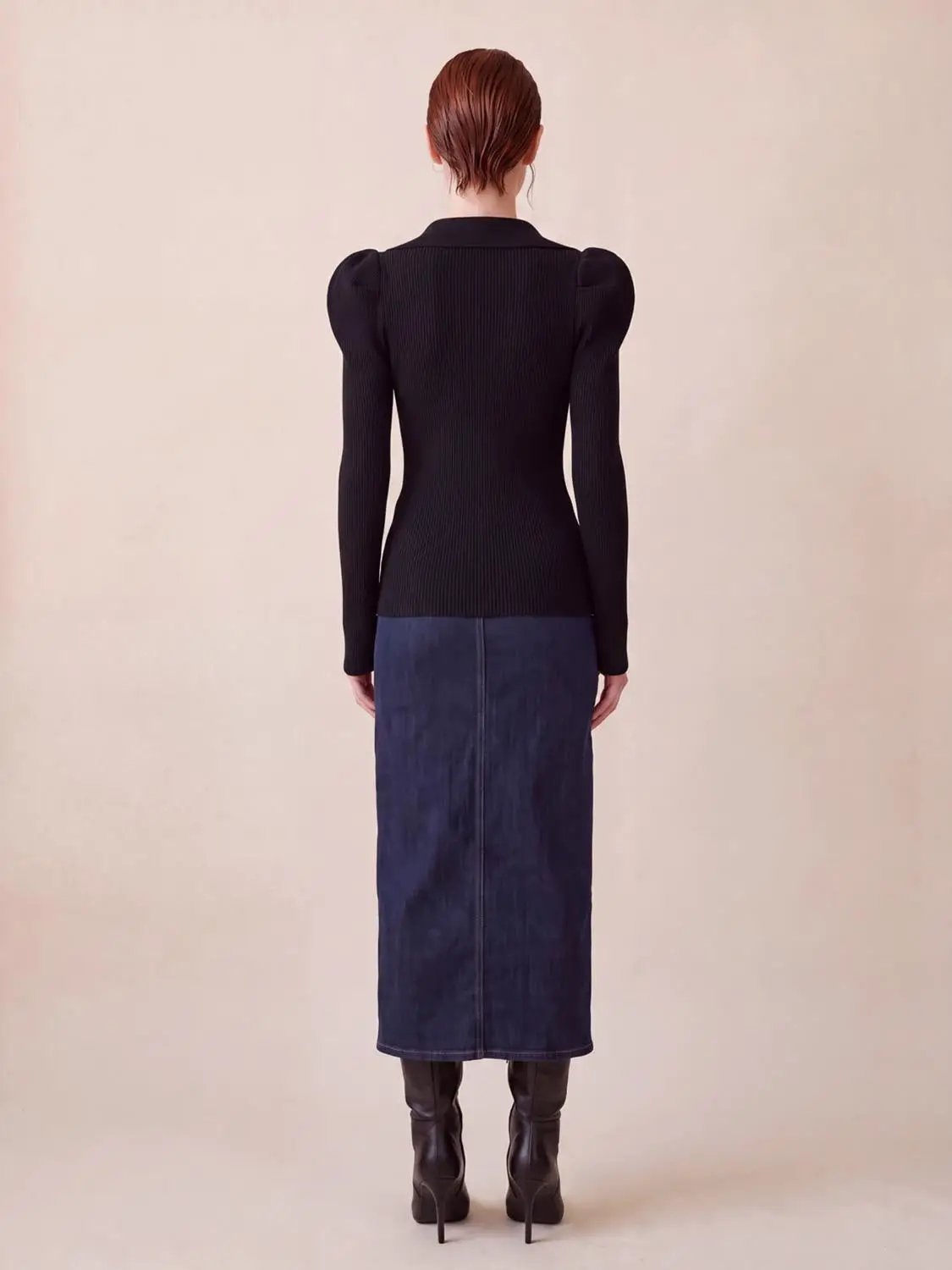 Puff Shoulder Tailored Knitted Cardigan in black ribbed knit, long sleeves.