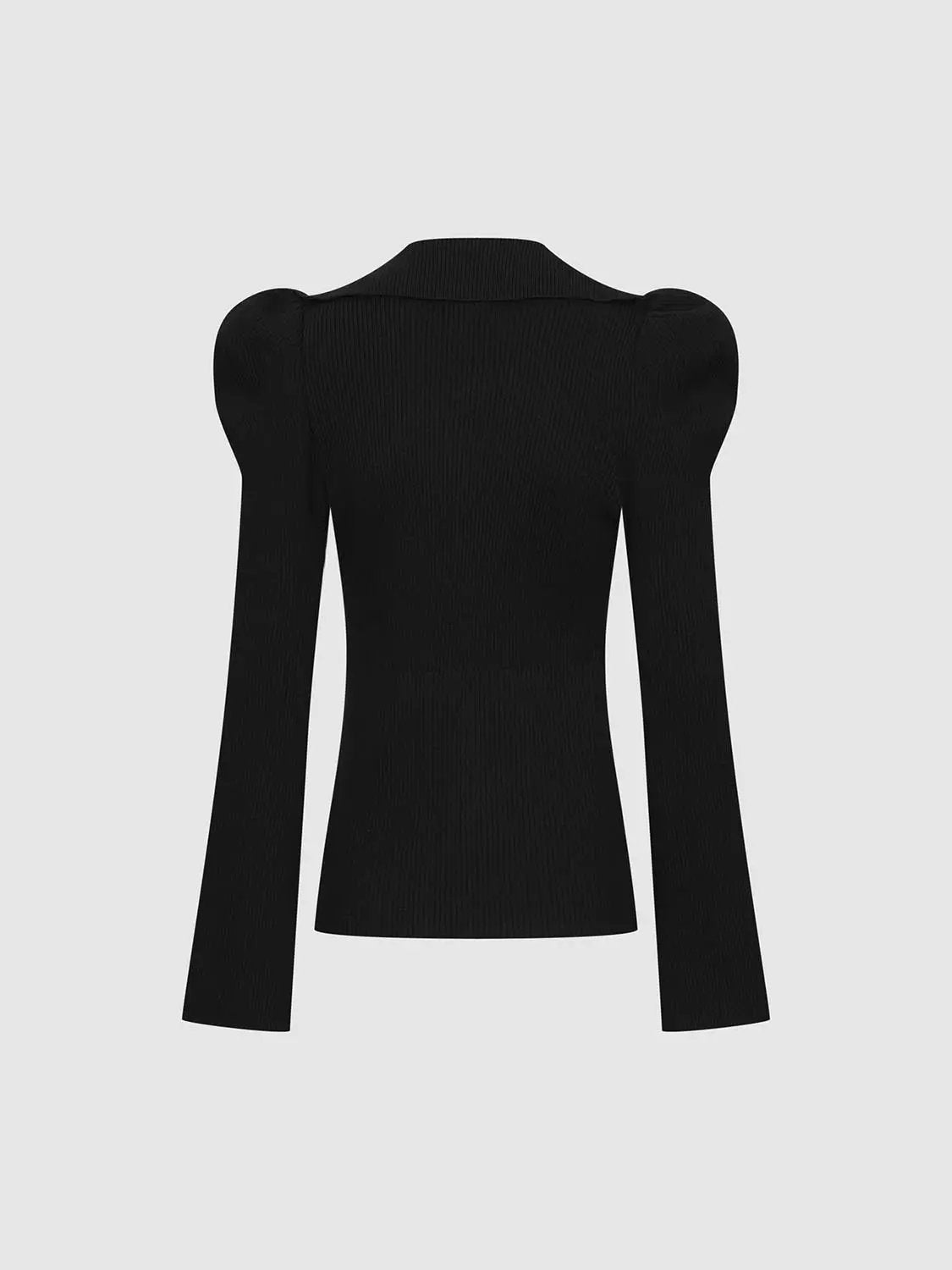 Puff Shoulder Tailored Knitted Cardigan in black ribbed knit, long sleeves.