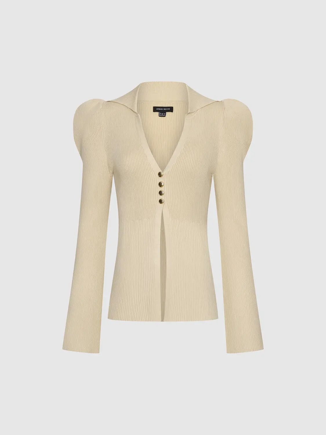 Puff Shoulder Tailored Knitted Cardigan by Urban Revivo in cream with gold-tone buttons.