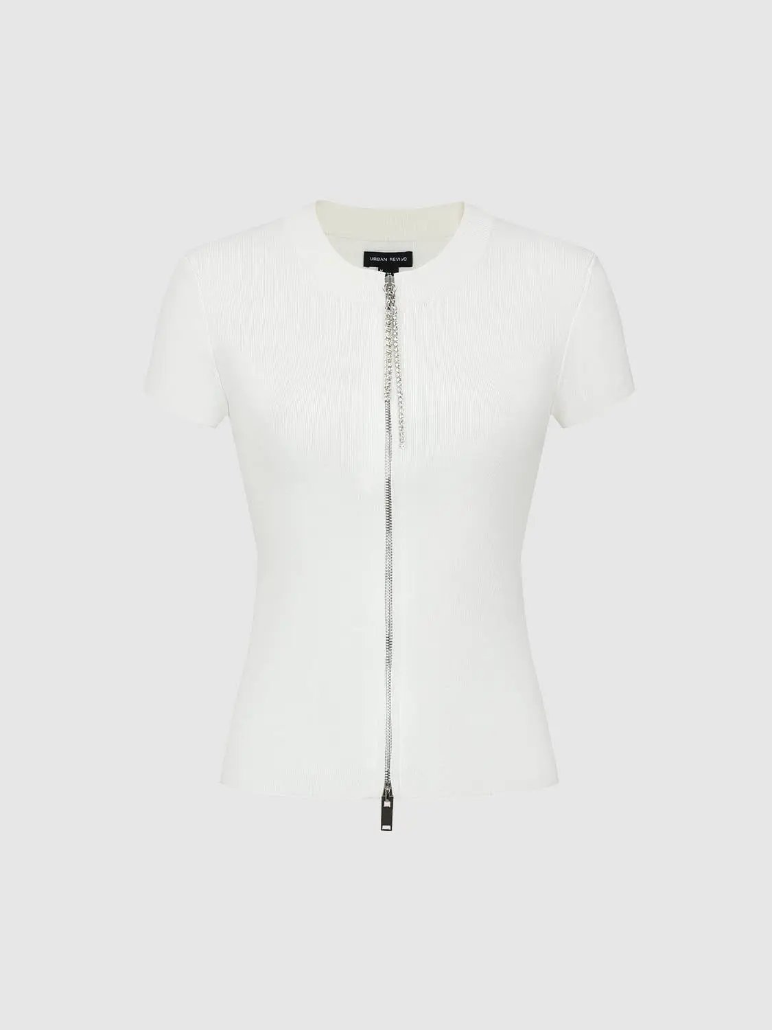 Knit cardigan white by Urban Revivo with full-length metallic zipper and chain pull, short sleeves
