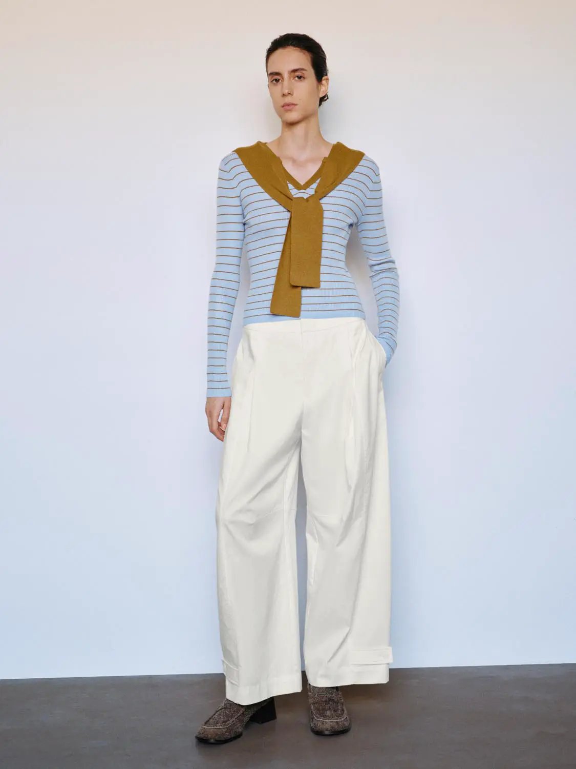 Striped Shawl Fitted V-neck Long Sleeve Knit T-shirt, light blue with navy stripes and a mustard scarf