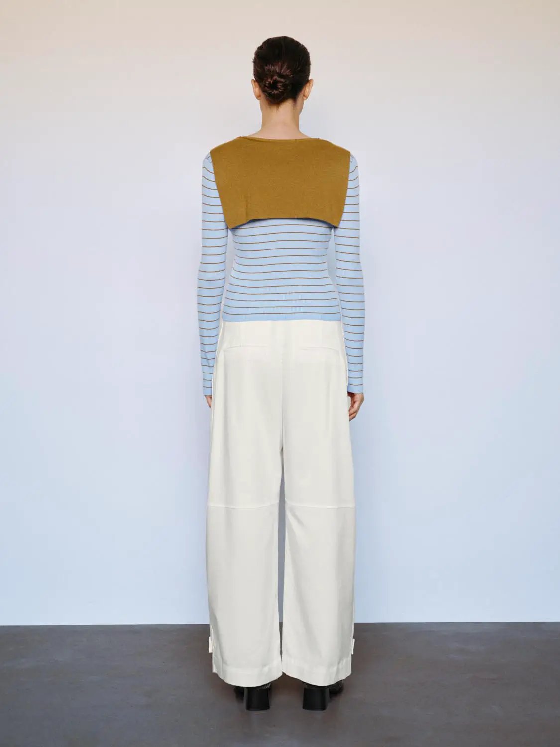 Striped shawl-knit T-shirt with mustard overlay; light blue stripes, long sleeves, Urban Revivo Fashion.