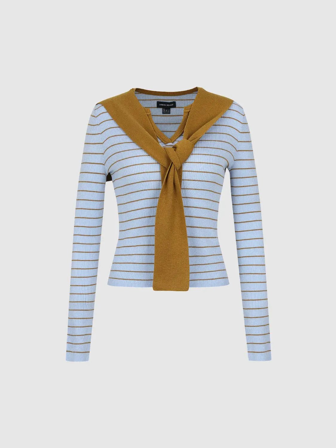Striped knit T-shirt with mustard scarf detail, light blue with brown stripes Urban Revivo Fashion