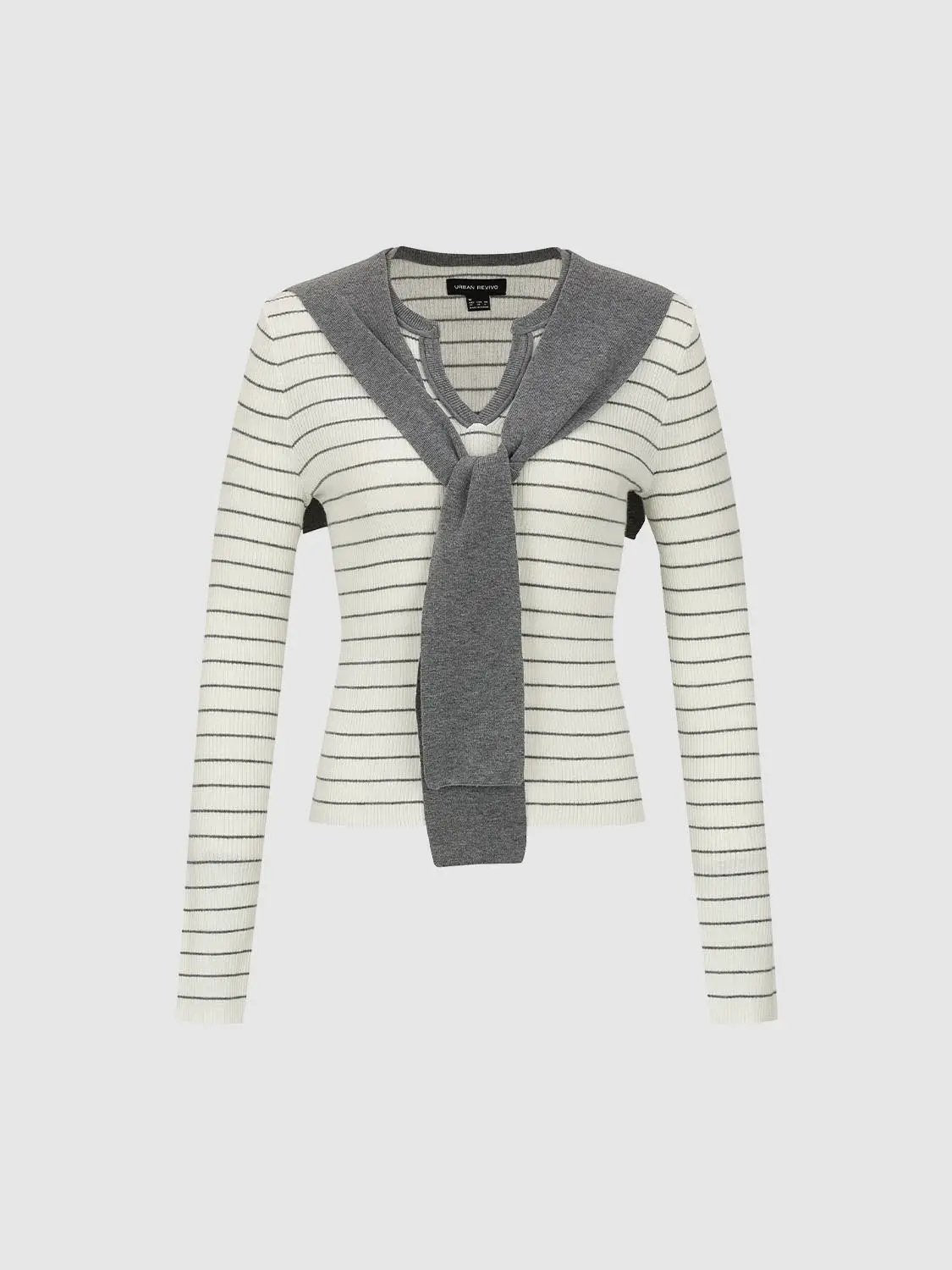 Striped shawl-knit V-neck long-sleeve T-shirt, white with black stripes, grey scarf tie, Urban Revivo