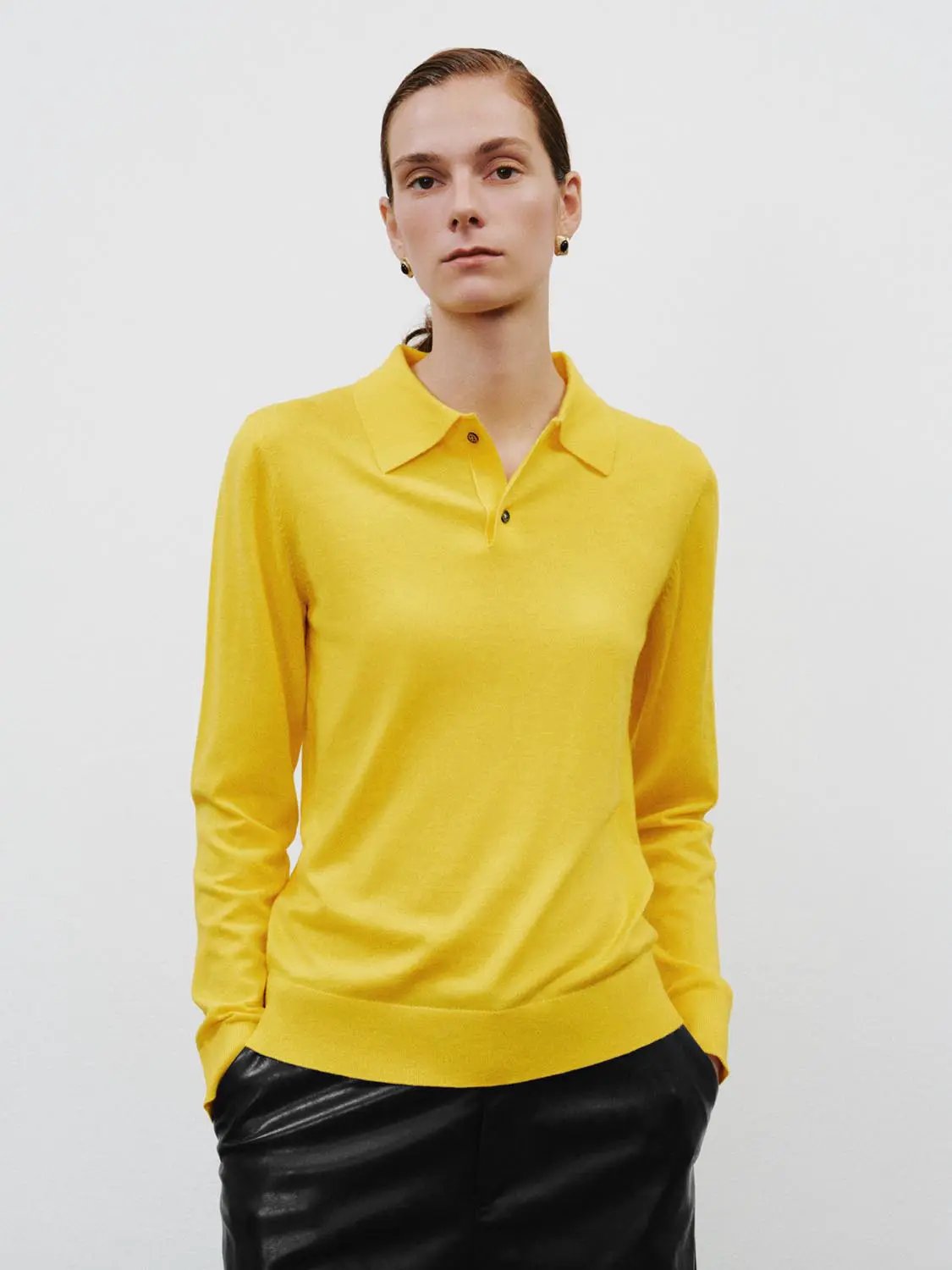 Polo Collar Long Sleeve Fitted Knit Sweater in yellow by Urban Revivo Fashion.
