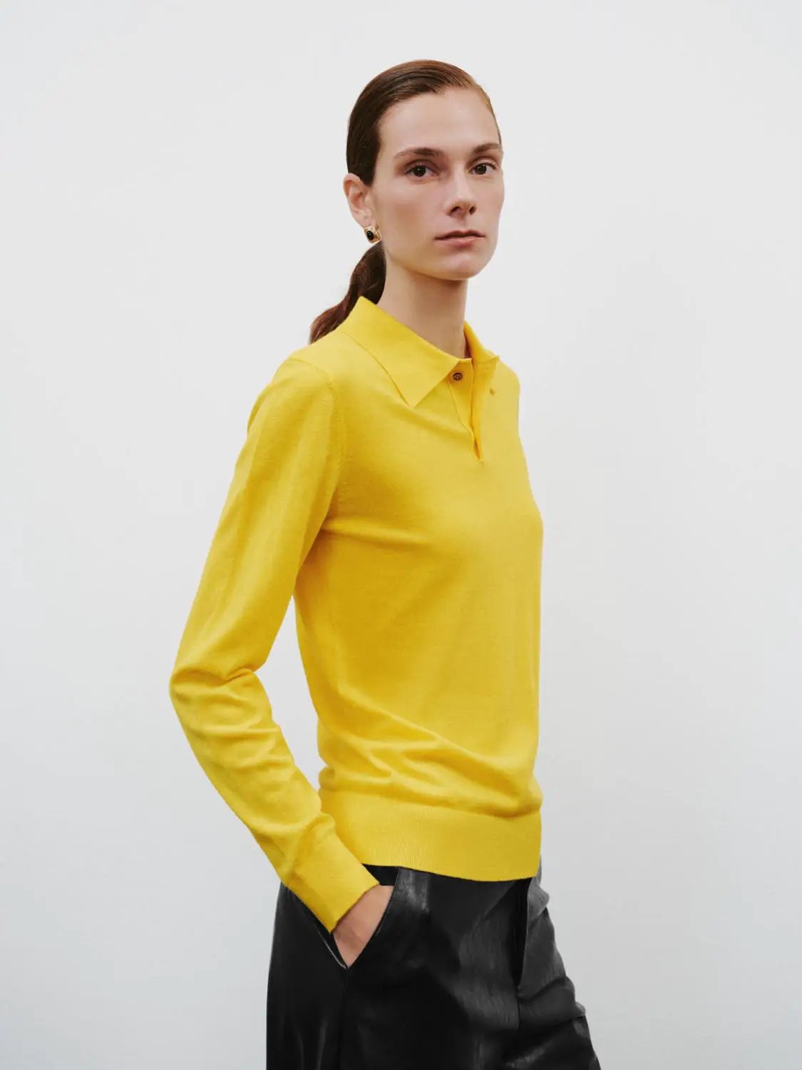 Polo Collar Long Sleeve Fitted Knit Sweater in yellow