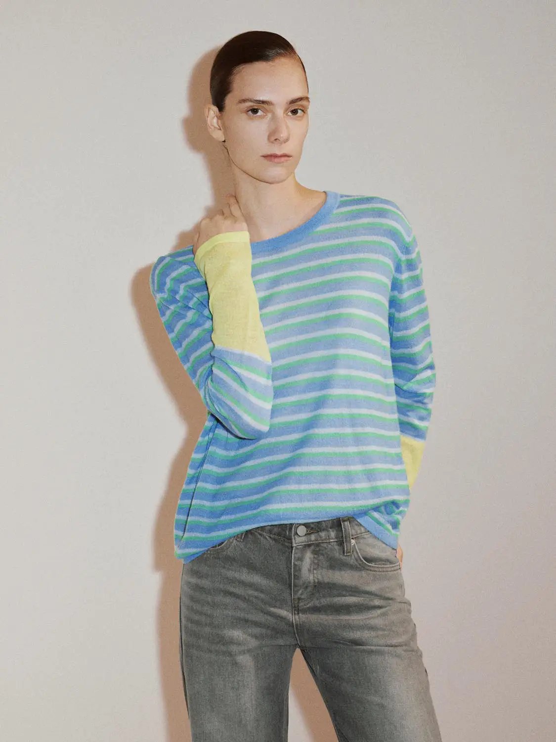 Color Block Striped Long Sleeve Crew Neck Knit Sweater in blue and green with yellow cuffs, Urban Revivo Fashion