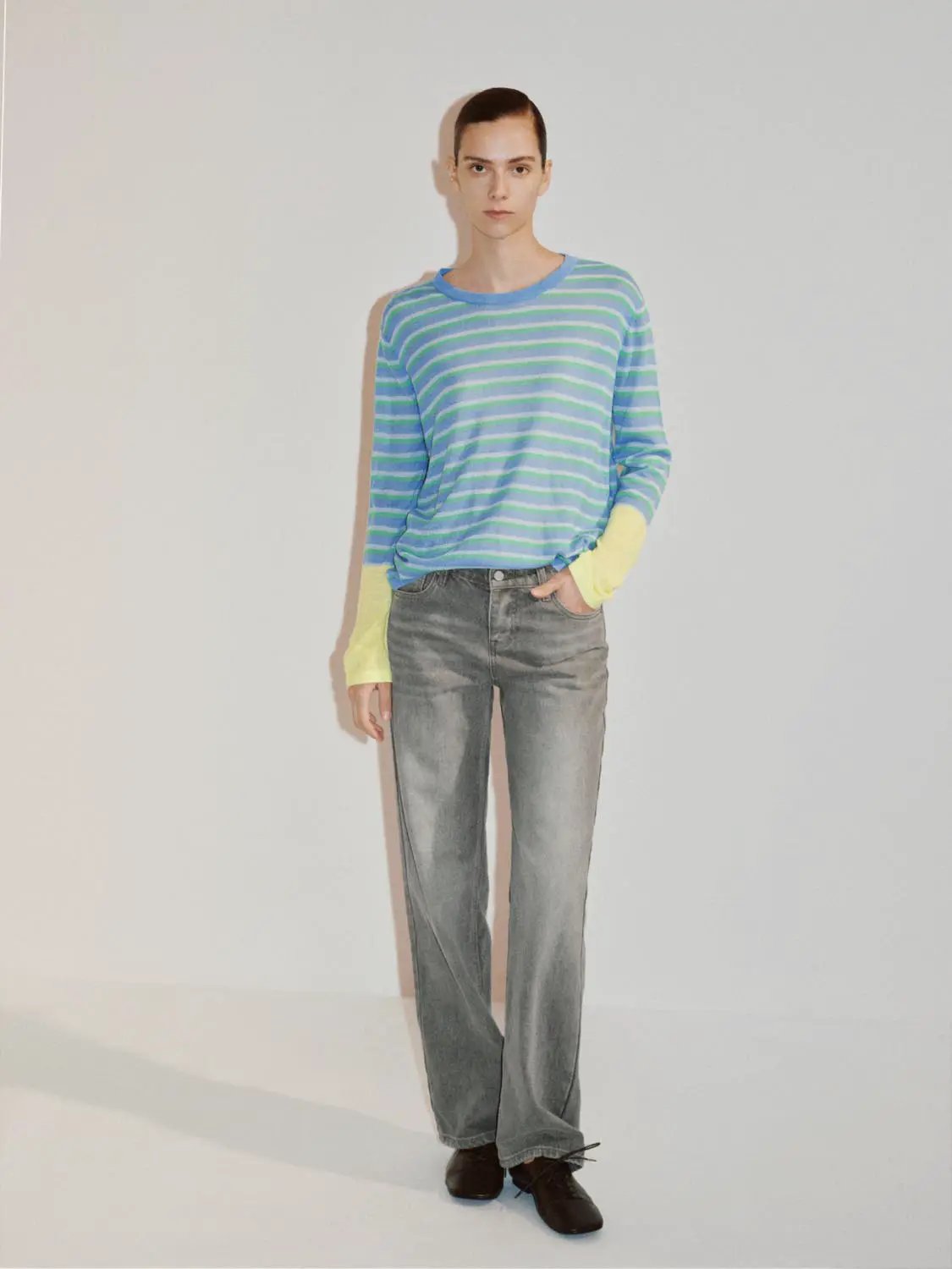 Color Block Striped Long Sleeve Crew Neck Sweater by Urban Revivo Fashion, blue/green knit with yellow cuffs
