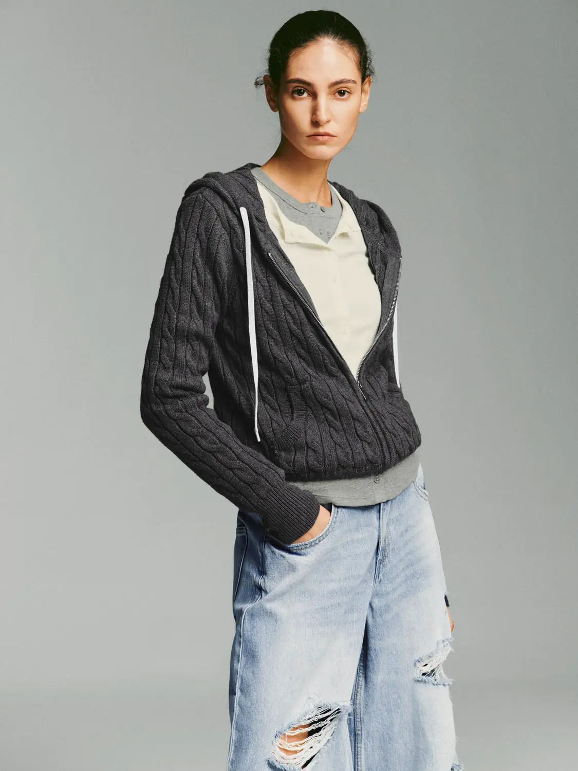 Knit jacket, charcoal gray cable-knit with hood and zip front.