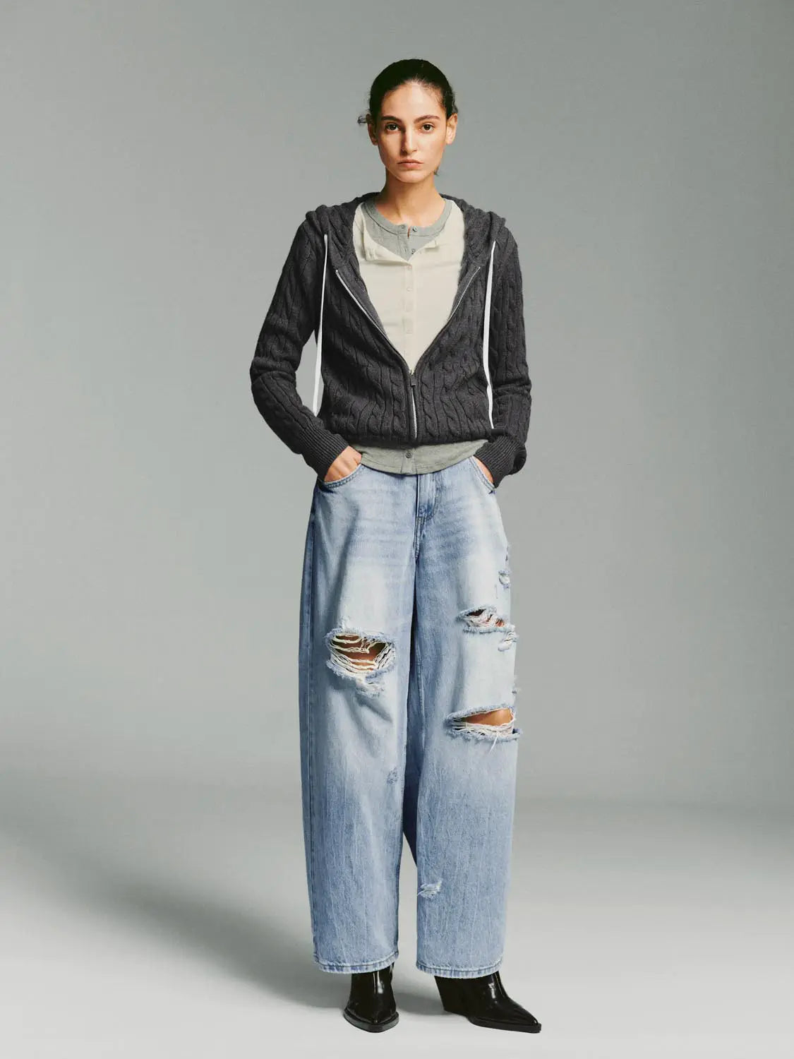 Knit jacket with hood by Urban Revivo Fashion; dark gray cable-knit zip-front