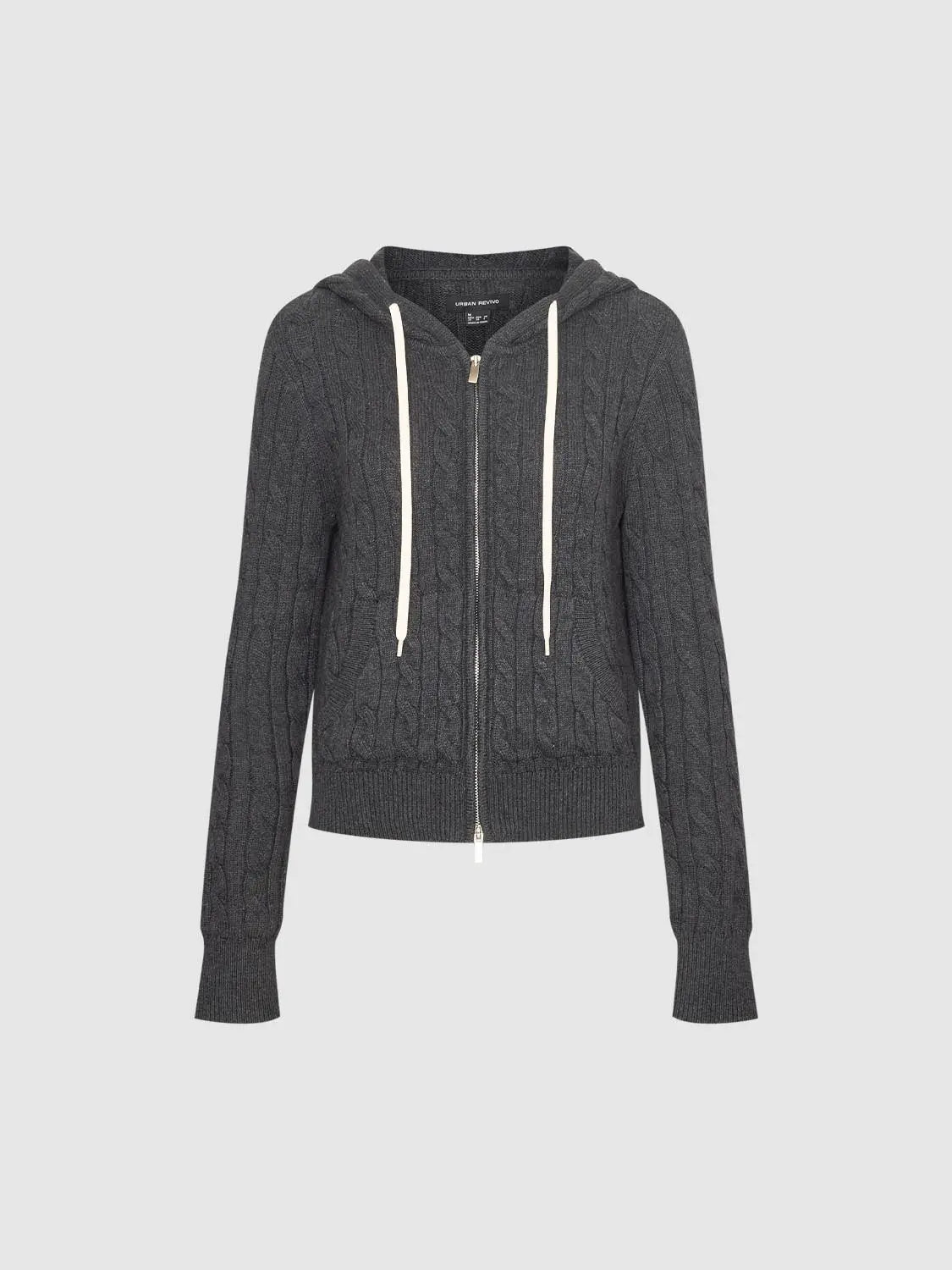 Knit Jacket, Urban Revivo Fashion: charcoal gray zip cardigan with hood and white drawstrings