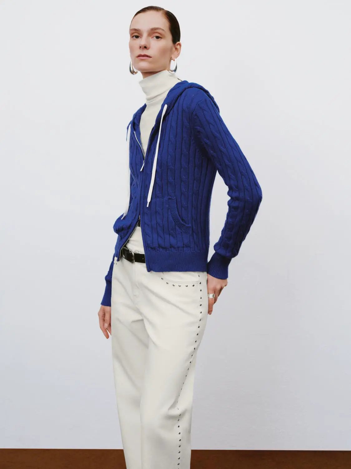 Cable knit zip-front hoodie cardigan in cobalt blue, cotton-wool blend by Urban Revivo Fashion.