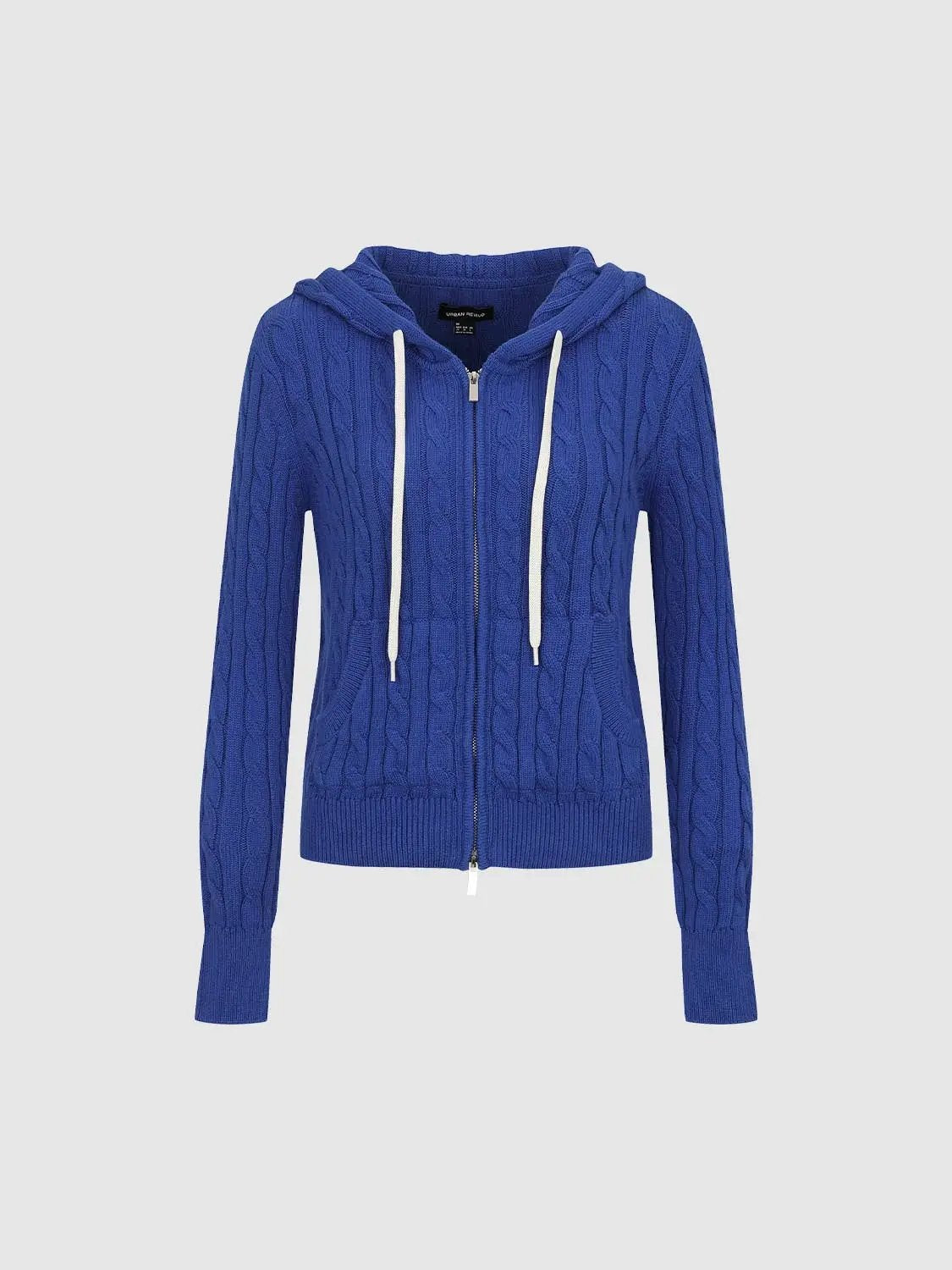 Cable Knit Zip Front Long Sleeve Cotton Wool Blend Hoodie in blue, with white drawstrings, Urban Revivo Fashion.