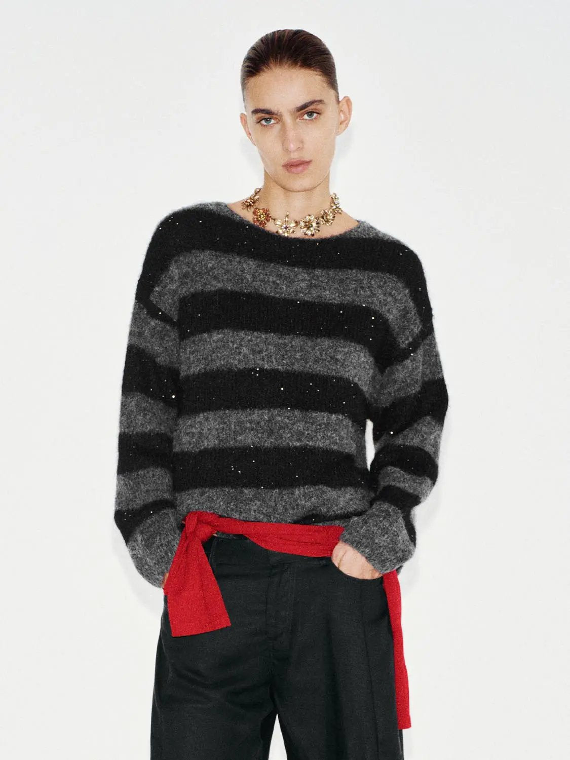 Textured striped oversized boat-neck long-sleeve knitted sweater, black and gray, Urban Revivo Fashion