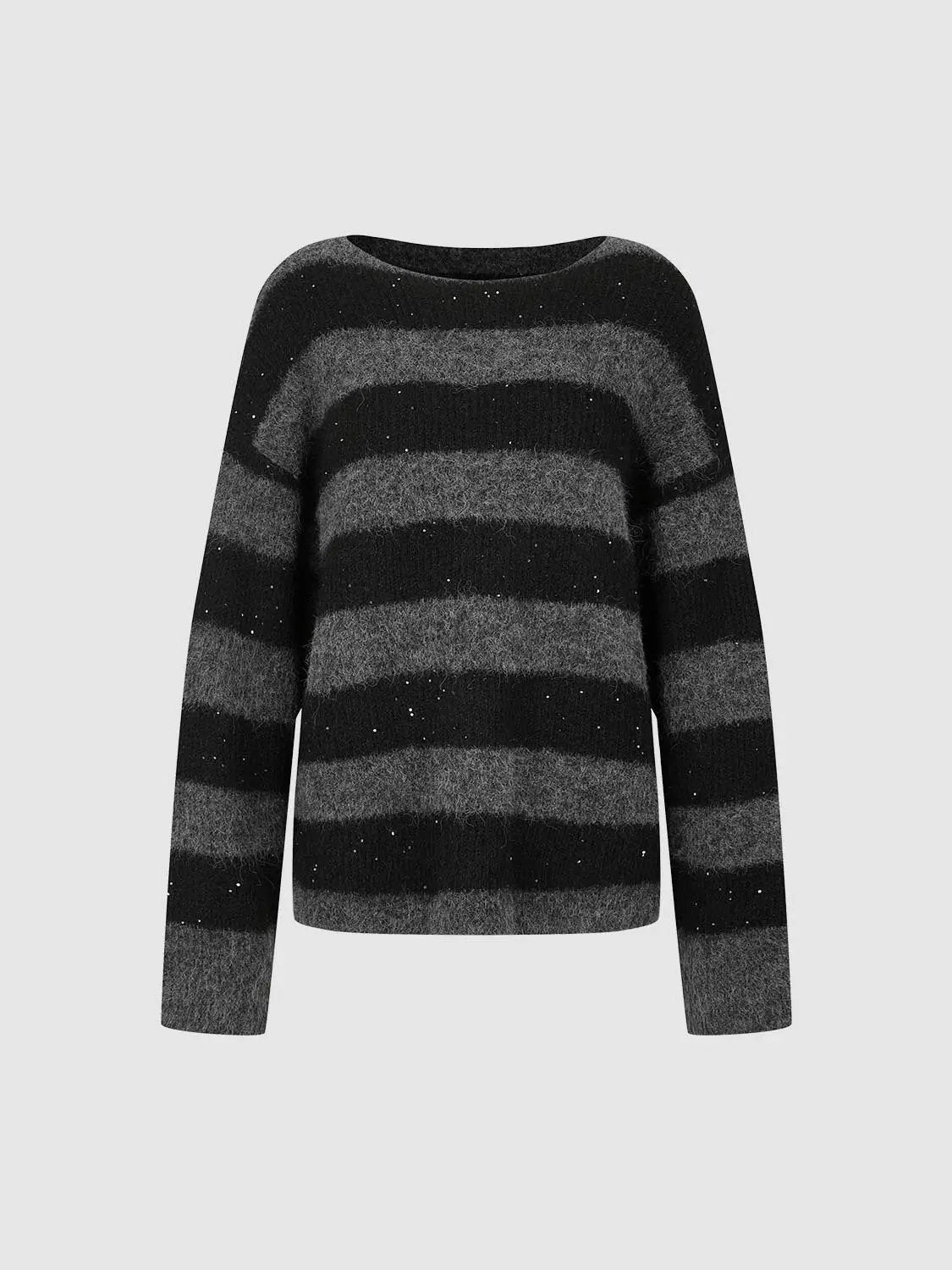 Textured striped oversized boat-neck long-sleeve knit sweater, black and gray, Urban Revivo Fashion.