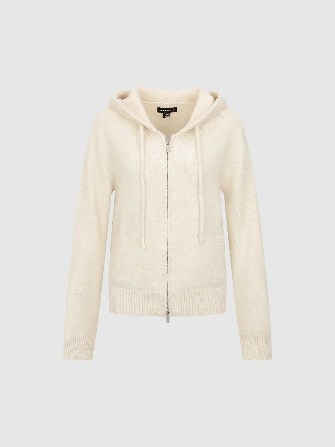 Knit jacket by Urban Revivo, cream zip-front hooded cardigan with drawstrings.