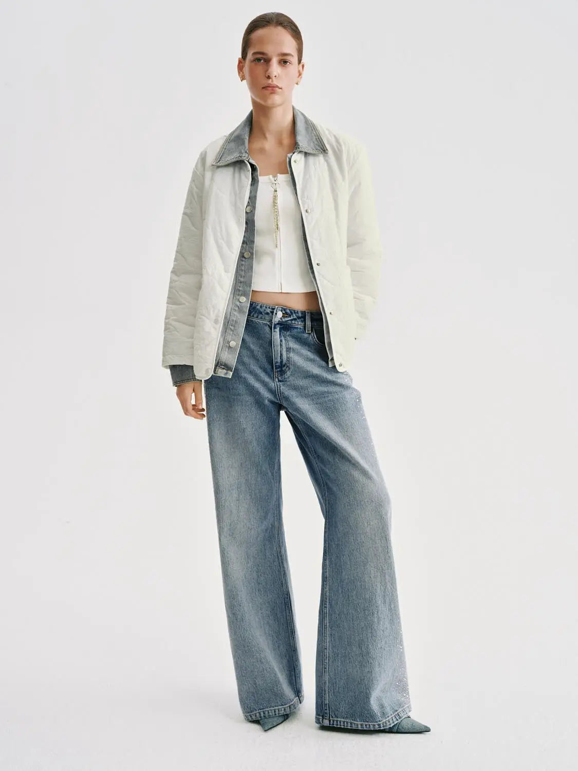 Padded Jacket Urban Revivo in ivory with denim trim