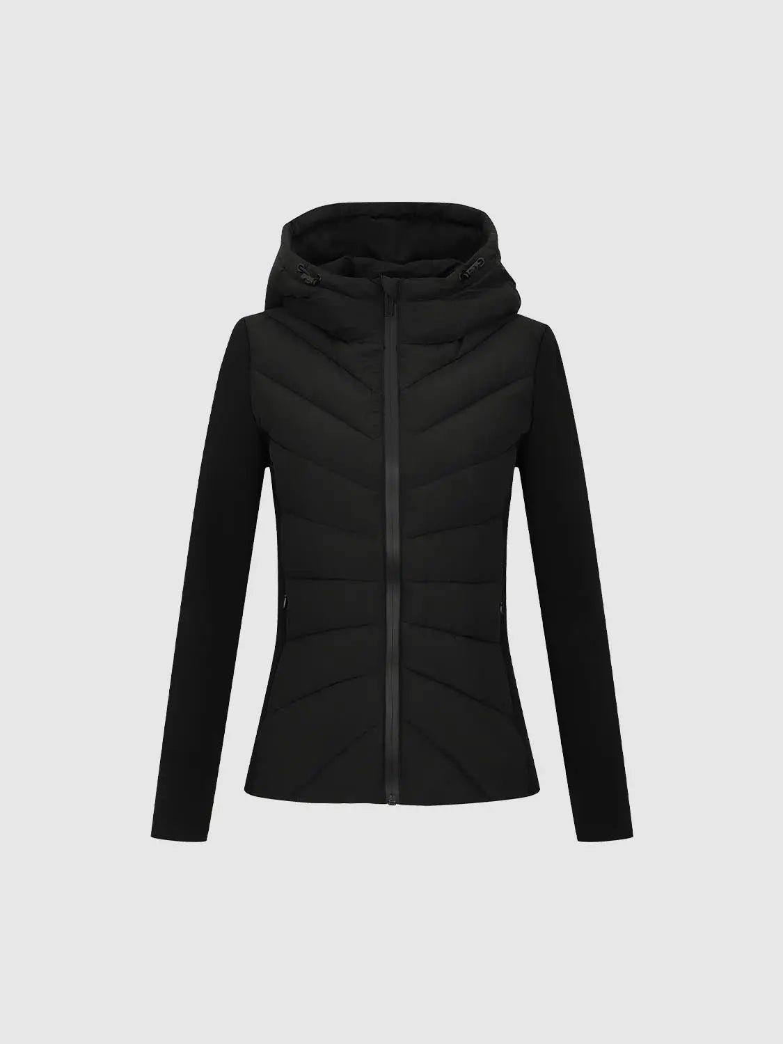 Padded jacket with hood; black chevron-quilted front and full-zip closure