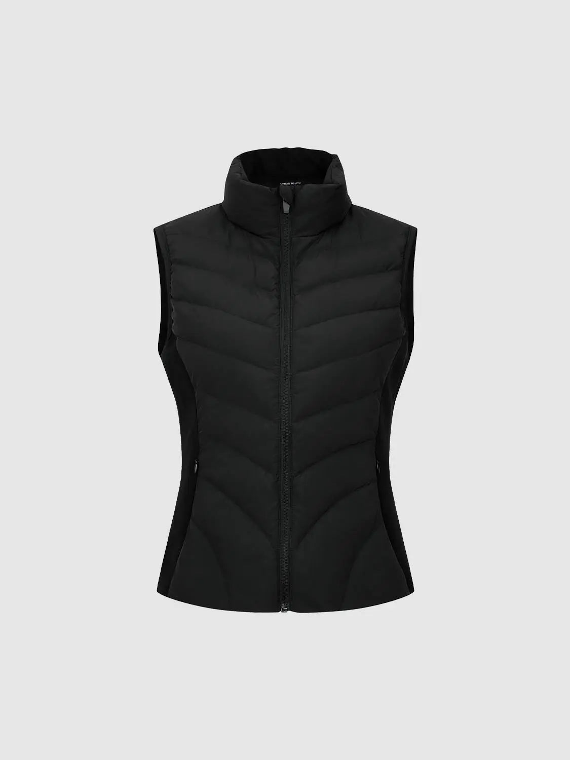 Down jacket vest, black quilted with diagonal panels and front zipper, stand collar, Urban Revivo Fashion