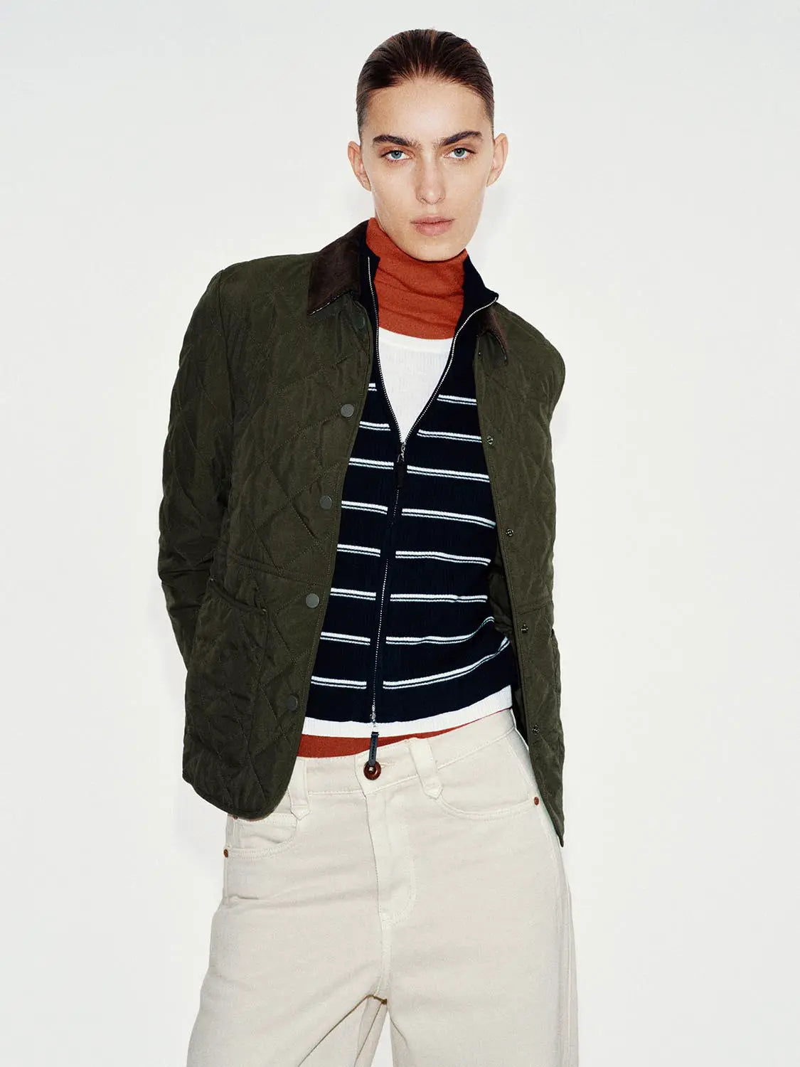 Urban Revivo padded jacket olive quilted with brown collar