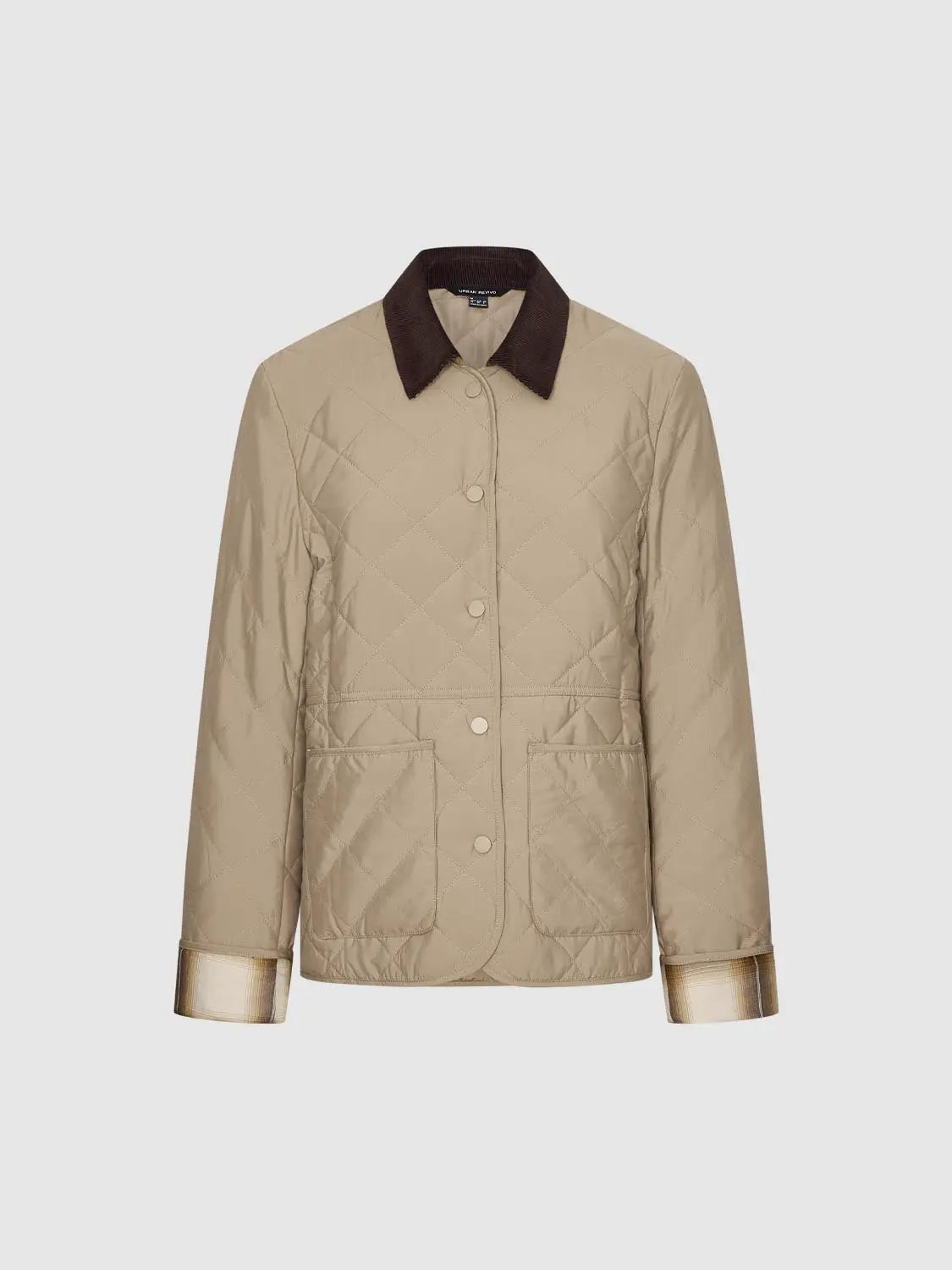 Beige quilted padded jacket with brown corduroy collar, front snap buttons, and two patch pockets