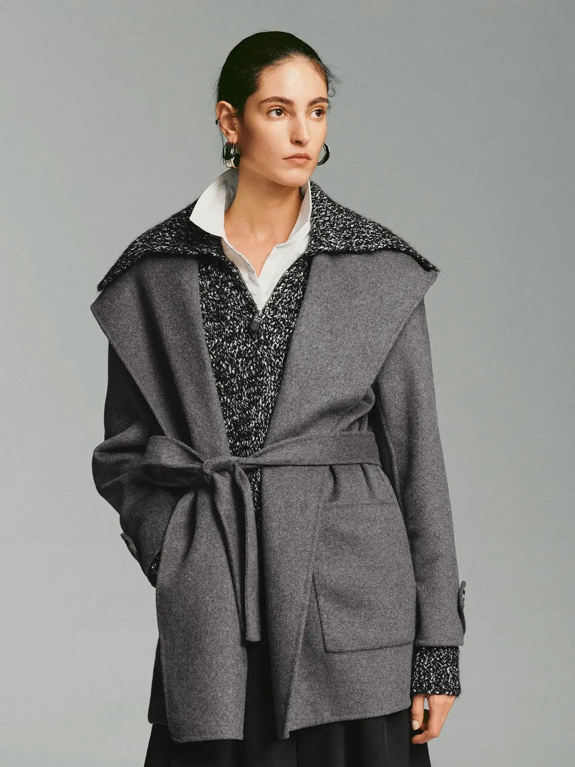 Coat by Urban Revivo Fashion; charcoal gray belted wool blend with oversized lapels.