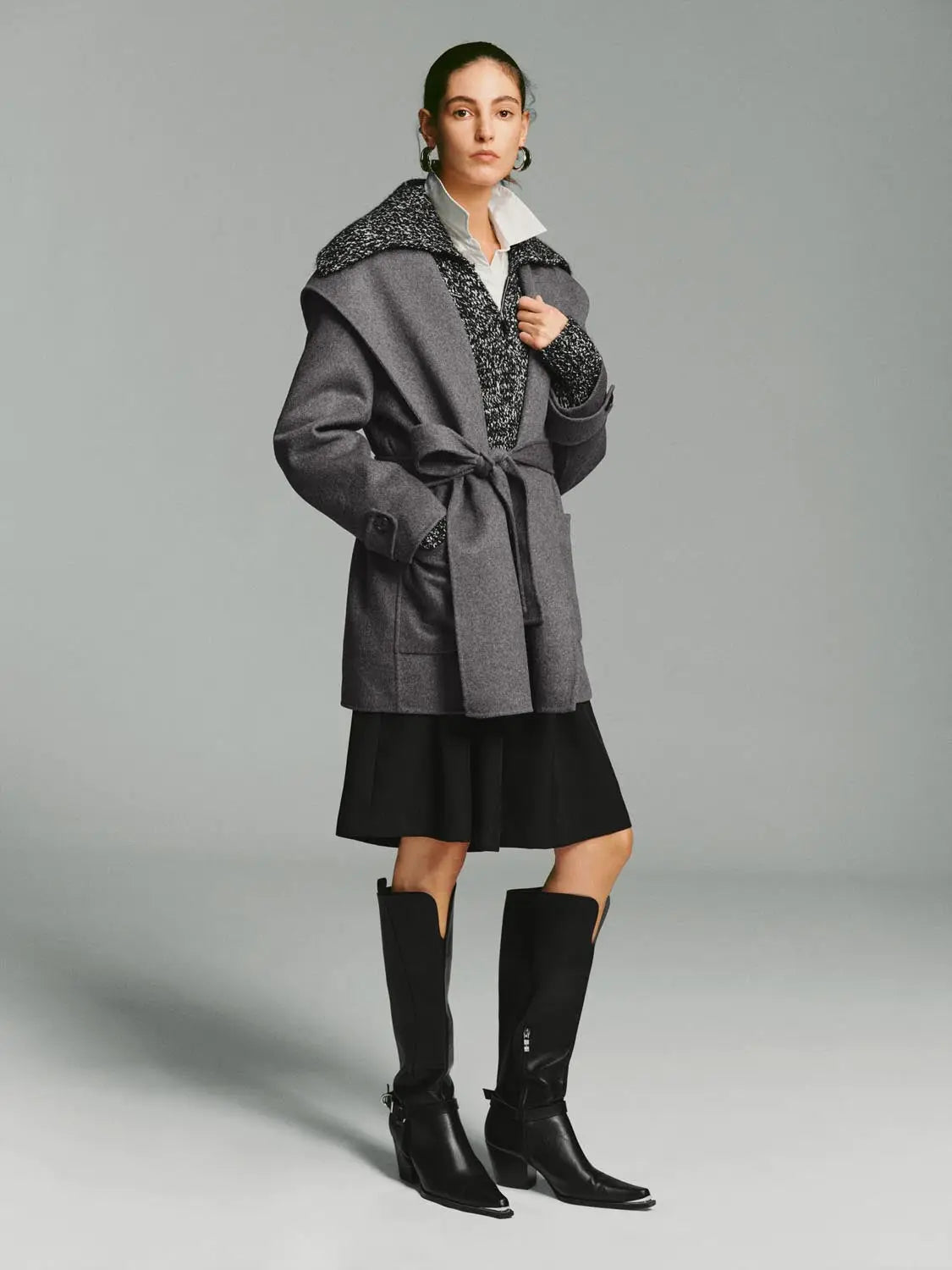 Coat, gray belted wool with oversized textured collar