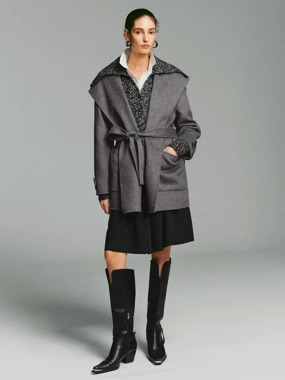 Coat by Urban Revivo Fashion in gray with belt and oversized textured collar