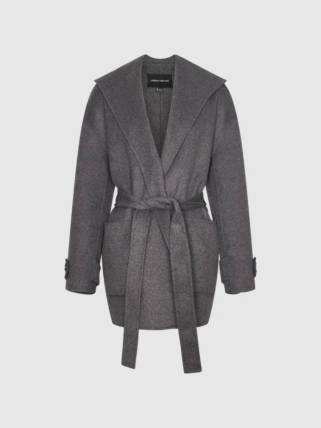 Coat by Urban Revivo; gray wool-blend belted wrap coat with wide lapels and pockets