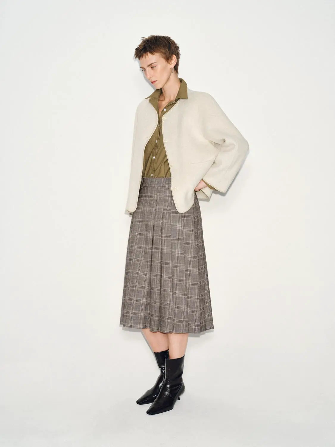 Coat by Urban Revivo Fashion in cream, paired with olive shirt and plaid midi skirt