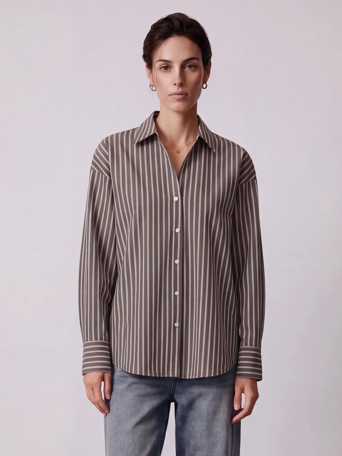 Striped women's button-up shirt in taupe with white vertical stripes