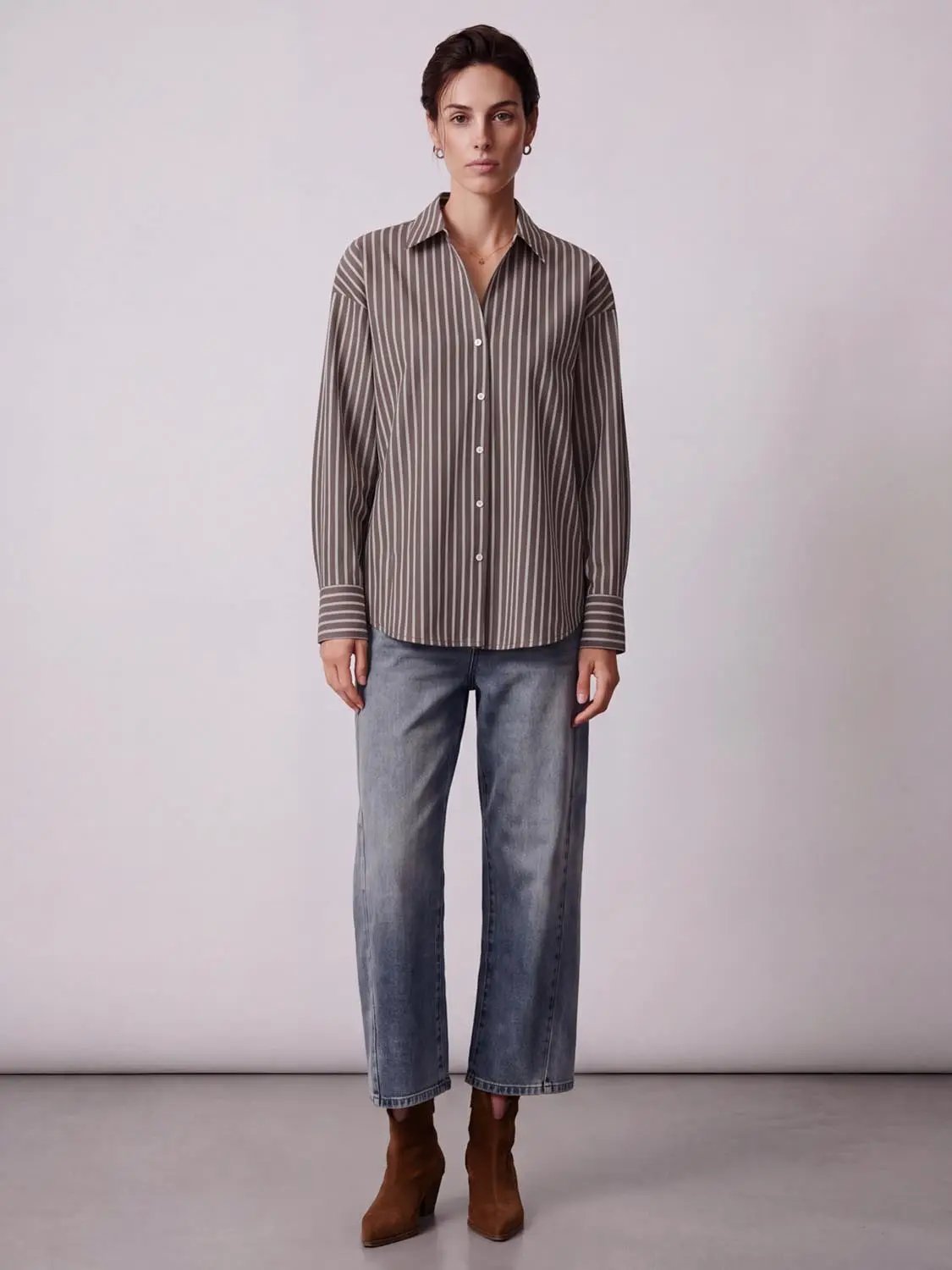 Striped button-up shirt by Urban Revivo Fashion; gray with white vertical stripes.