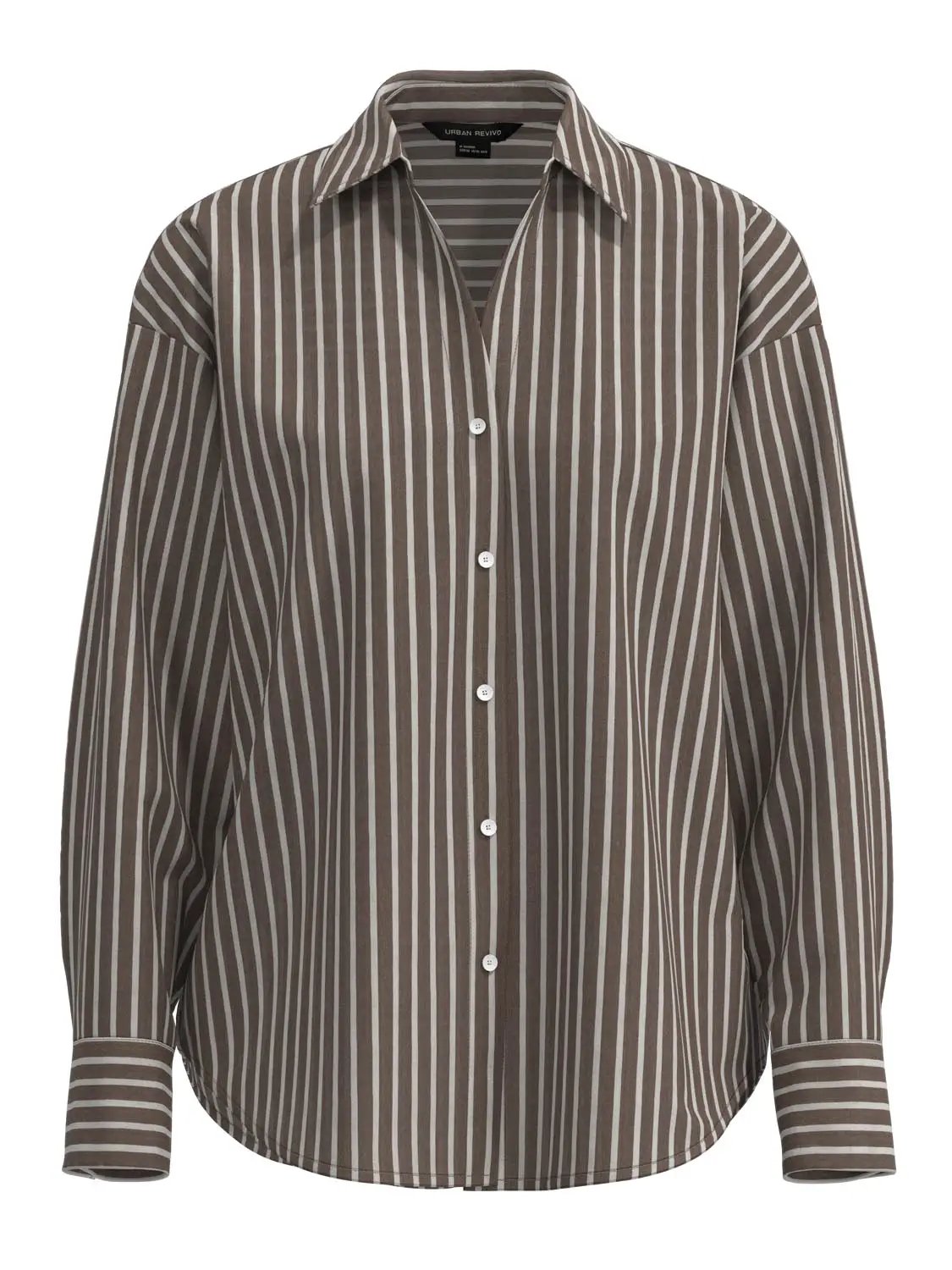 Striped button-up shirt by Urban Revivo, brown and white vertical stripes, long sleeves.