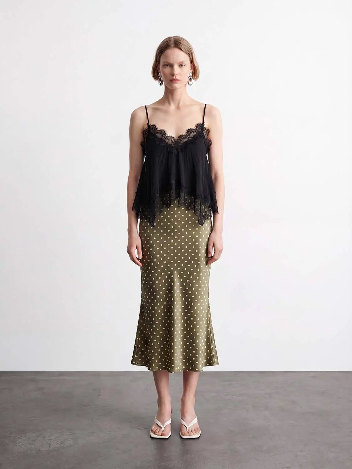 Camisole top (2-piece) and matching olive polka-dot midi skirt with black lace trim