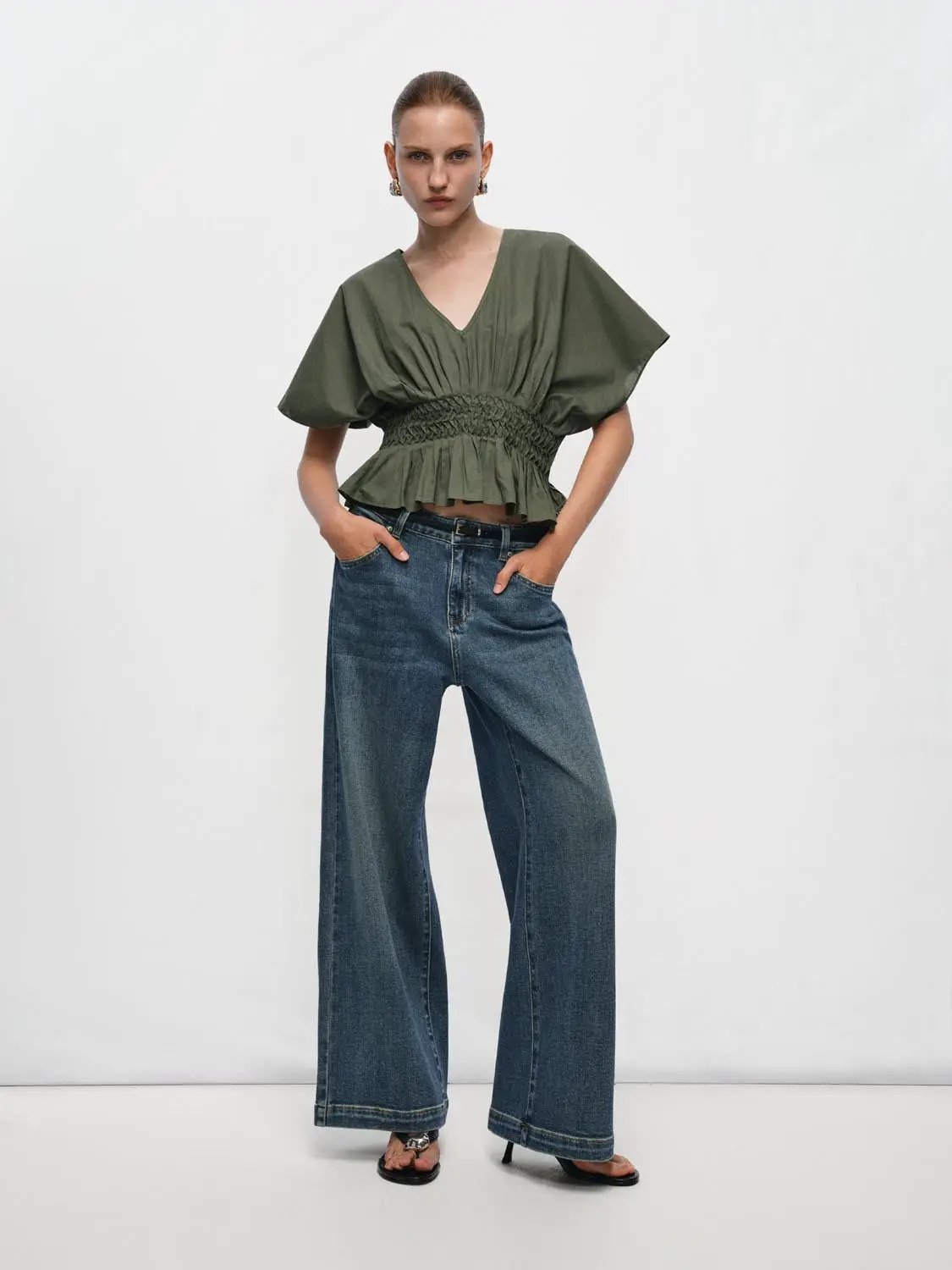 V-neck puff-sleeve smocked-waist cotton–linen blouse in olive green, Urban Revivo Fashion overhead shirt