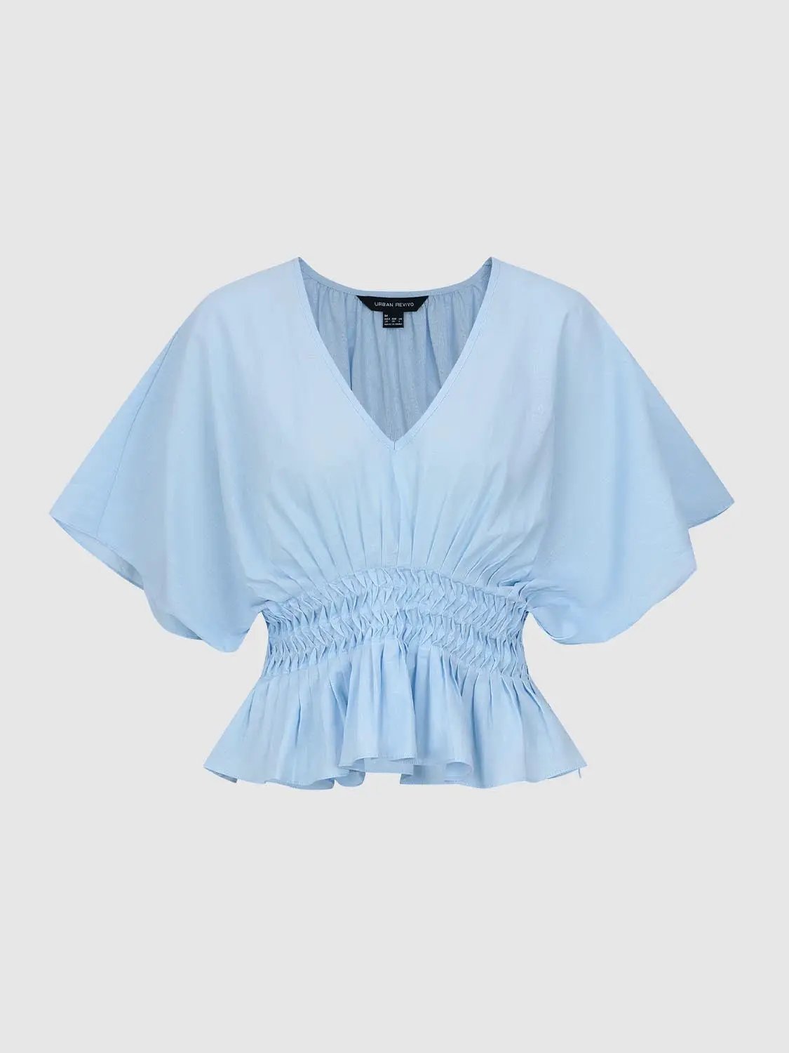 V-neck puff-sleeve blouse with smocked waist in light blue by Urban Revivo