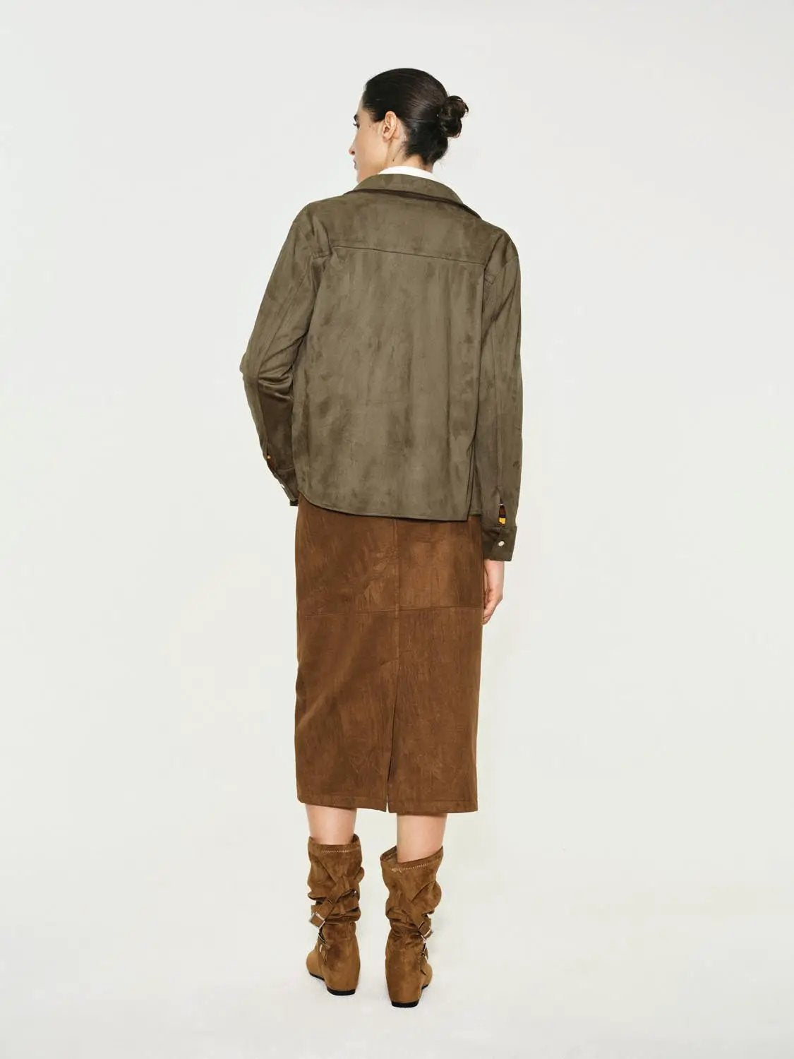 Button-Down Shirt in olive suede, back view on model