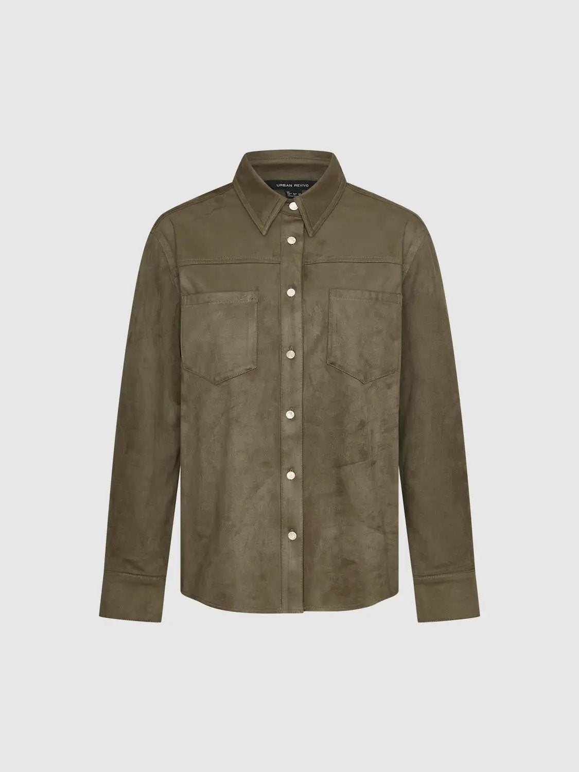 Button-down shirt by Urban Revivo in olive suede with two chest pockets