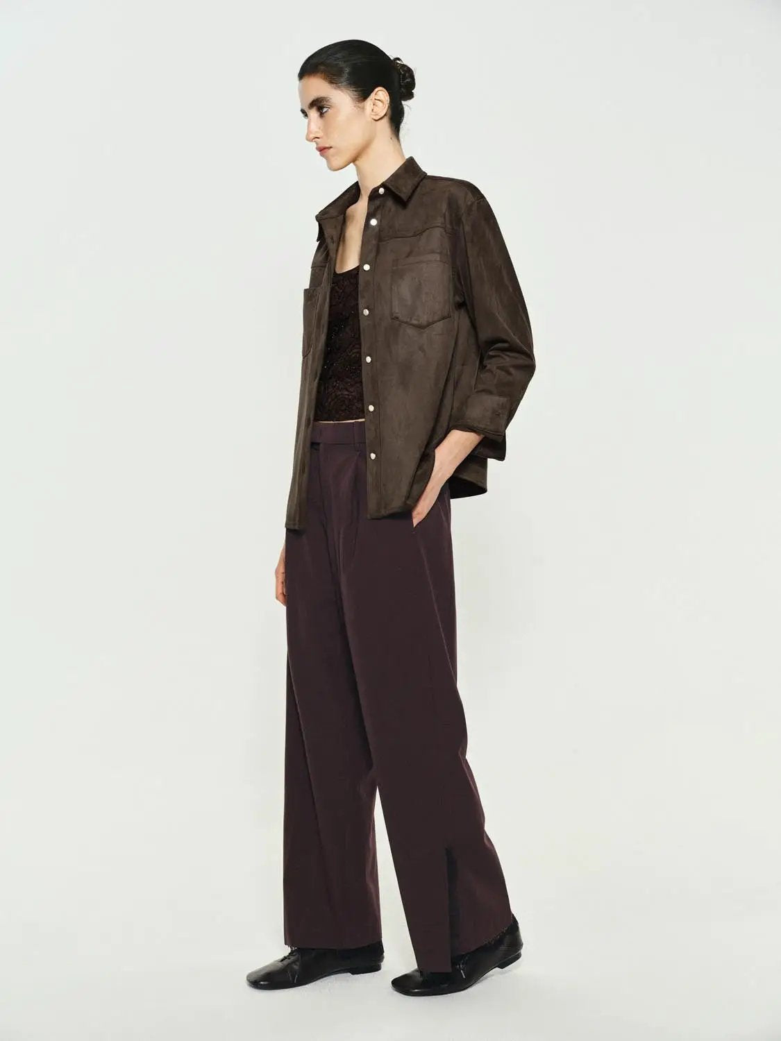 Button-Down Shirt by Urban Revivo Fashion in brown, worn open over a dark lace top with burgundy wide-leg pants