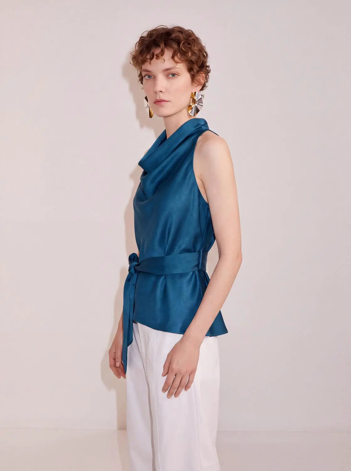 Blouse, teal blue satin sleeveless with draped cowl neck and waist belt, Urban Revivo Fashion
