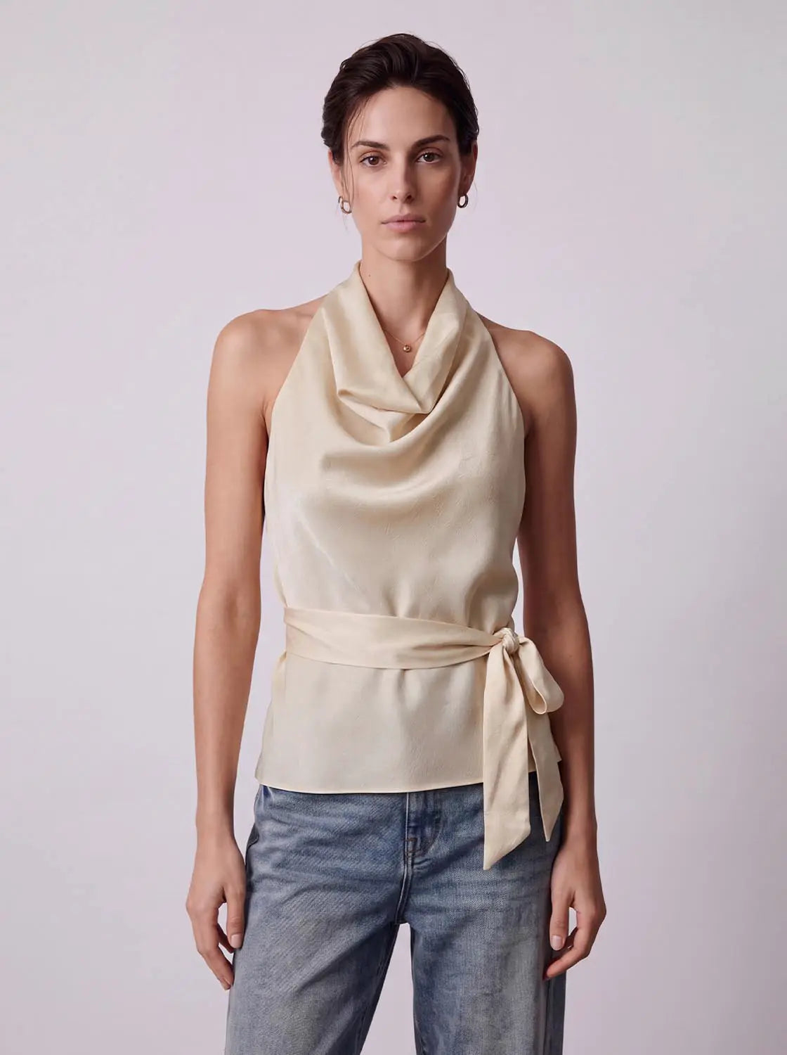 Blouse, cream satin overhead top with draped cowl neckline and wrap belt at waist; Urban Revivo Fashion