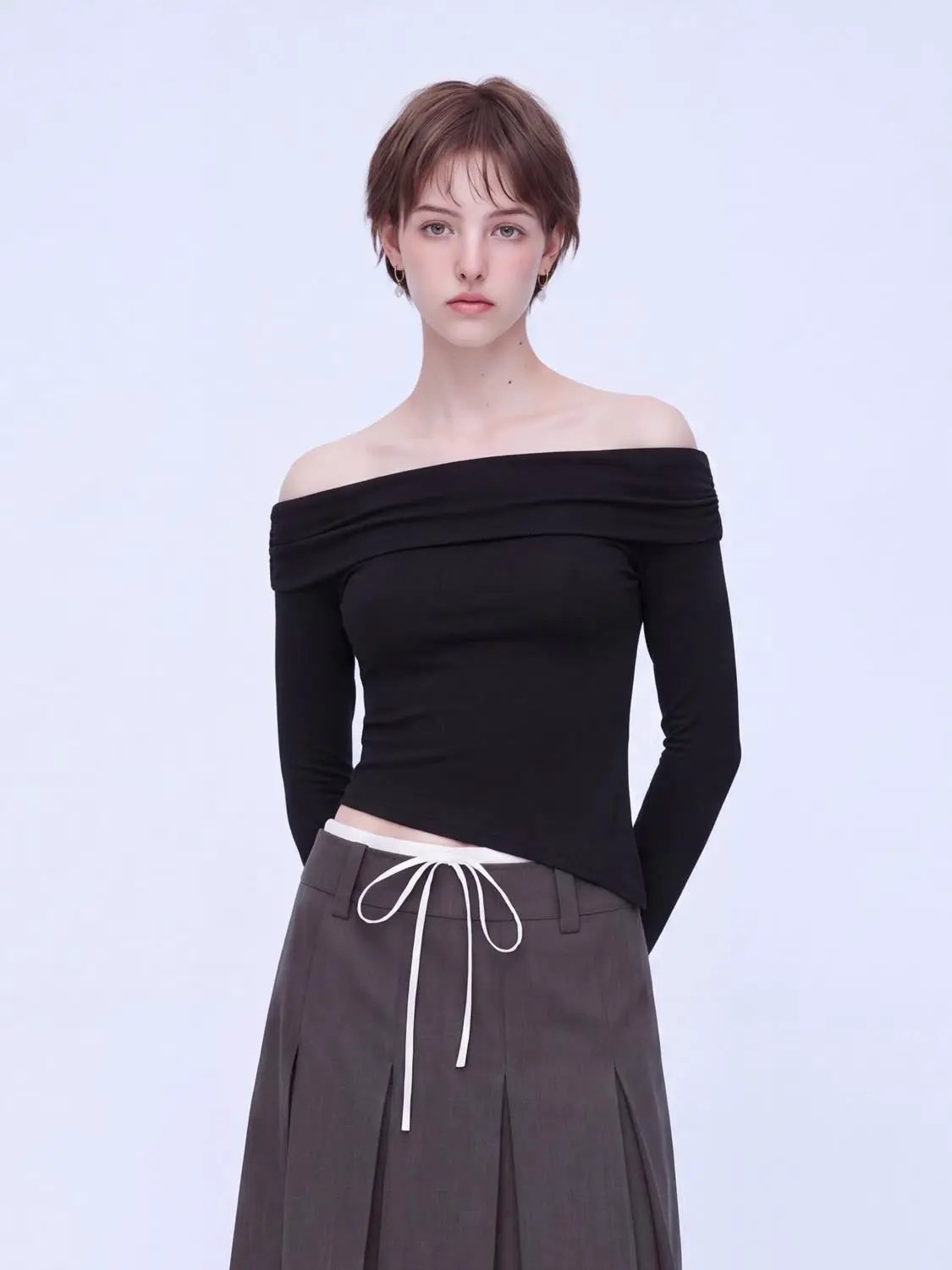Off Shoulder Long Sleeve T-Shirts by Urban Revivo Fashion in black