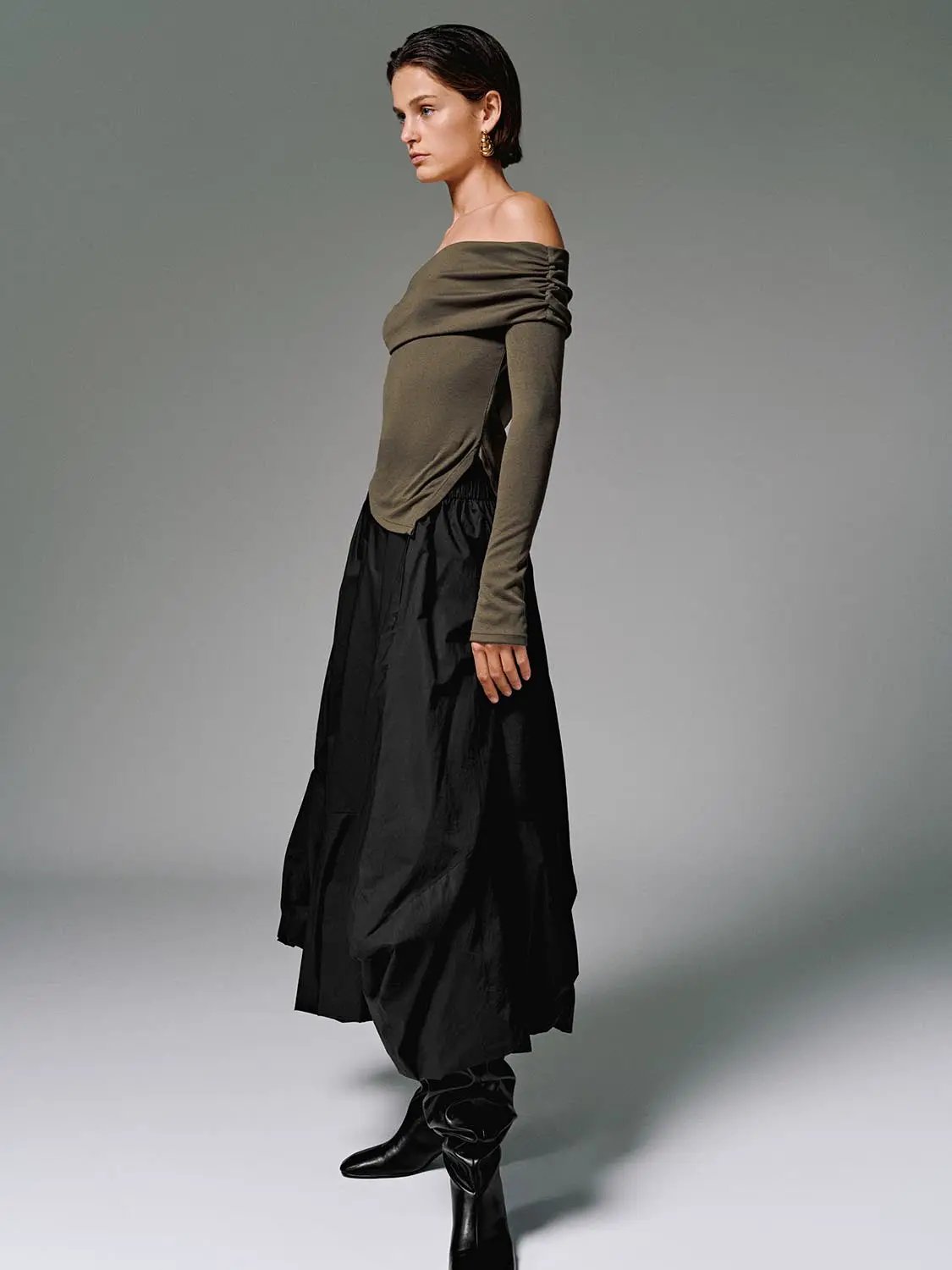 Off Shoulder Long Sleeve T-Shirts olive top with draped neckline and ruched shoulder detail, with black skirt