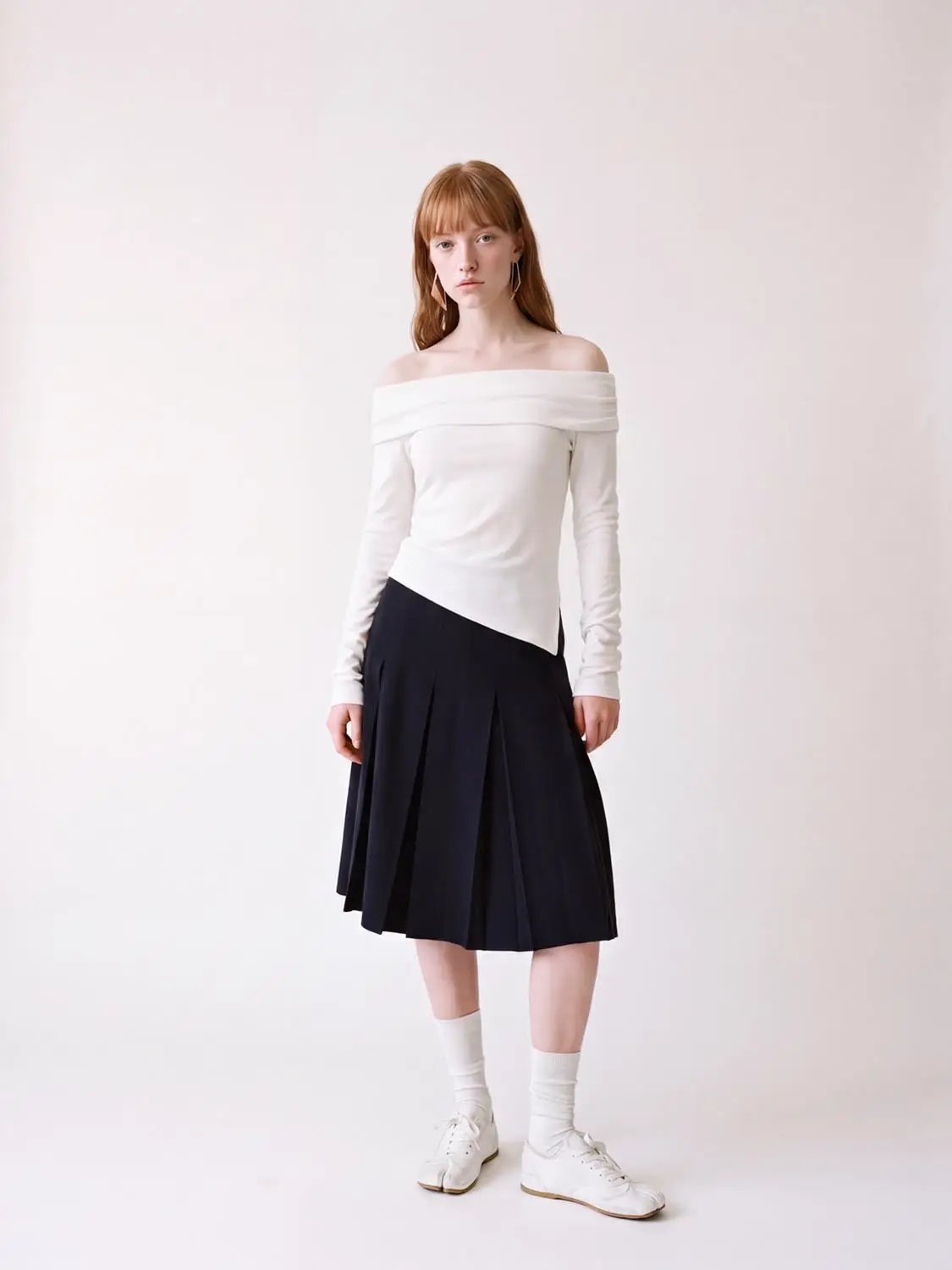 Off Shoulder Long Sleeve T-Shirts, white, women's top