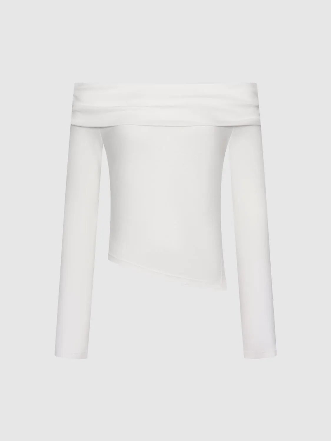 Off-shoulder long-sleeve white T-shirt top with folded neckline