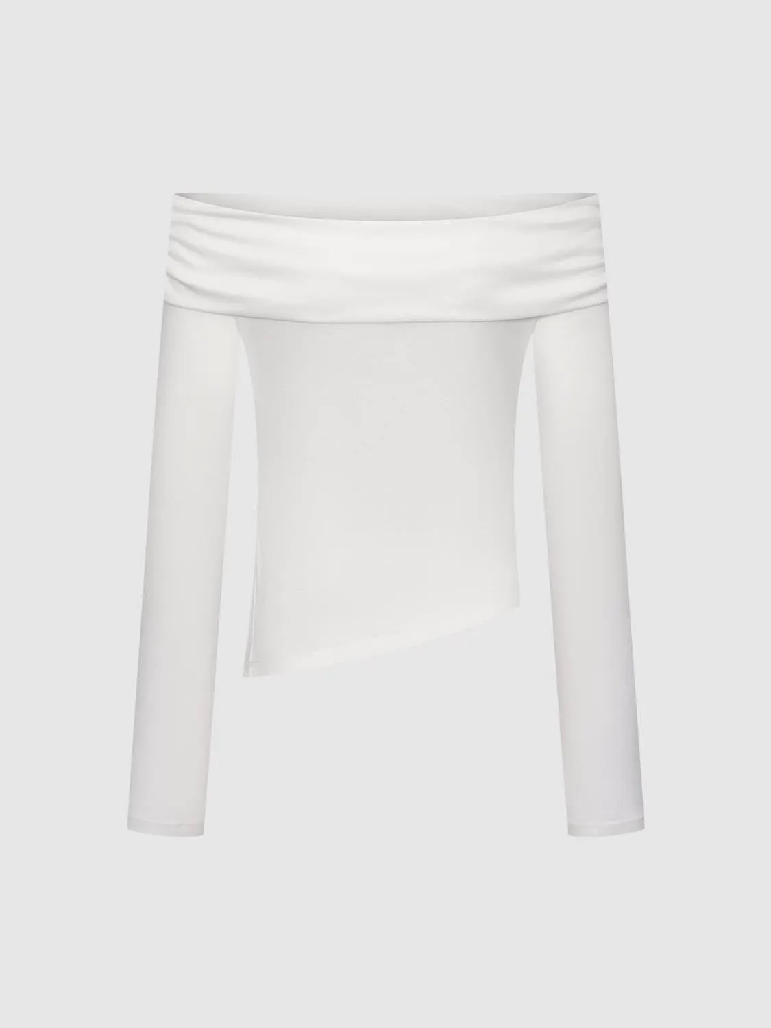 Off-shoulder long-sleeve white women's T-shirt with folded neckline