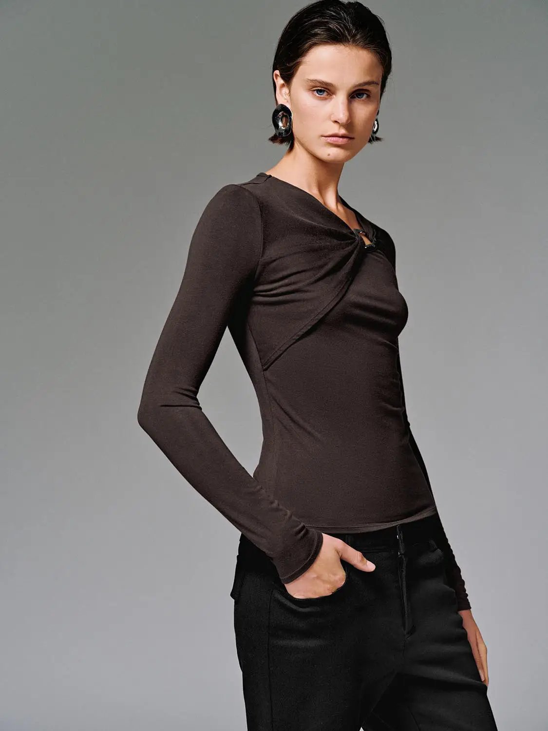 Knot Front Long Sleeve T-Shirts by Urban Revivo Fashion