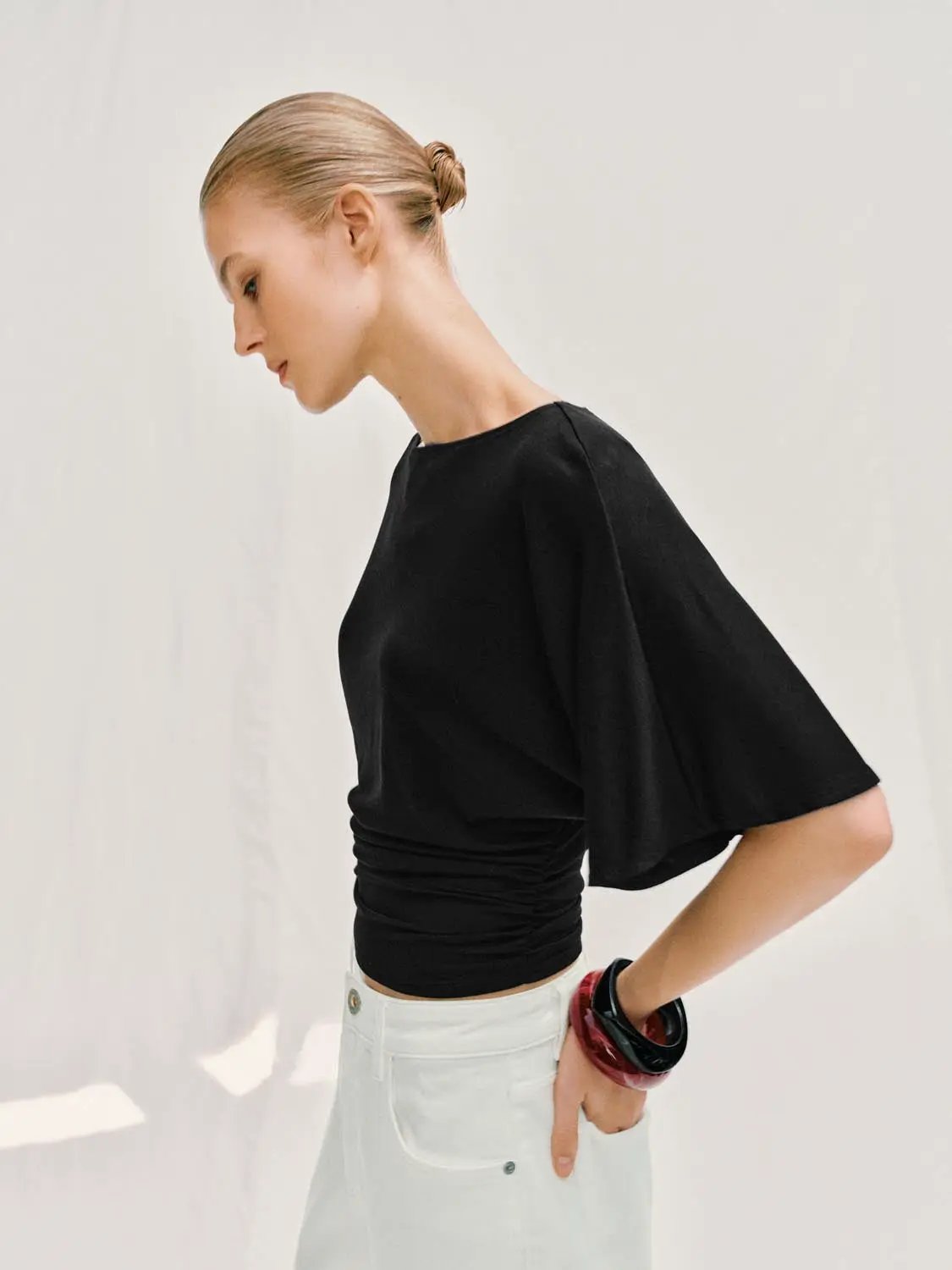 Draped Short Sleeve Ruched Waist T-shirt, black, women's top.
